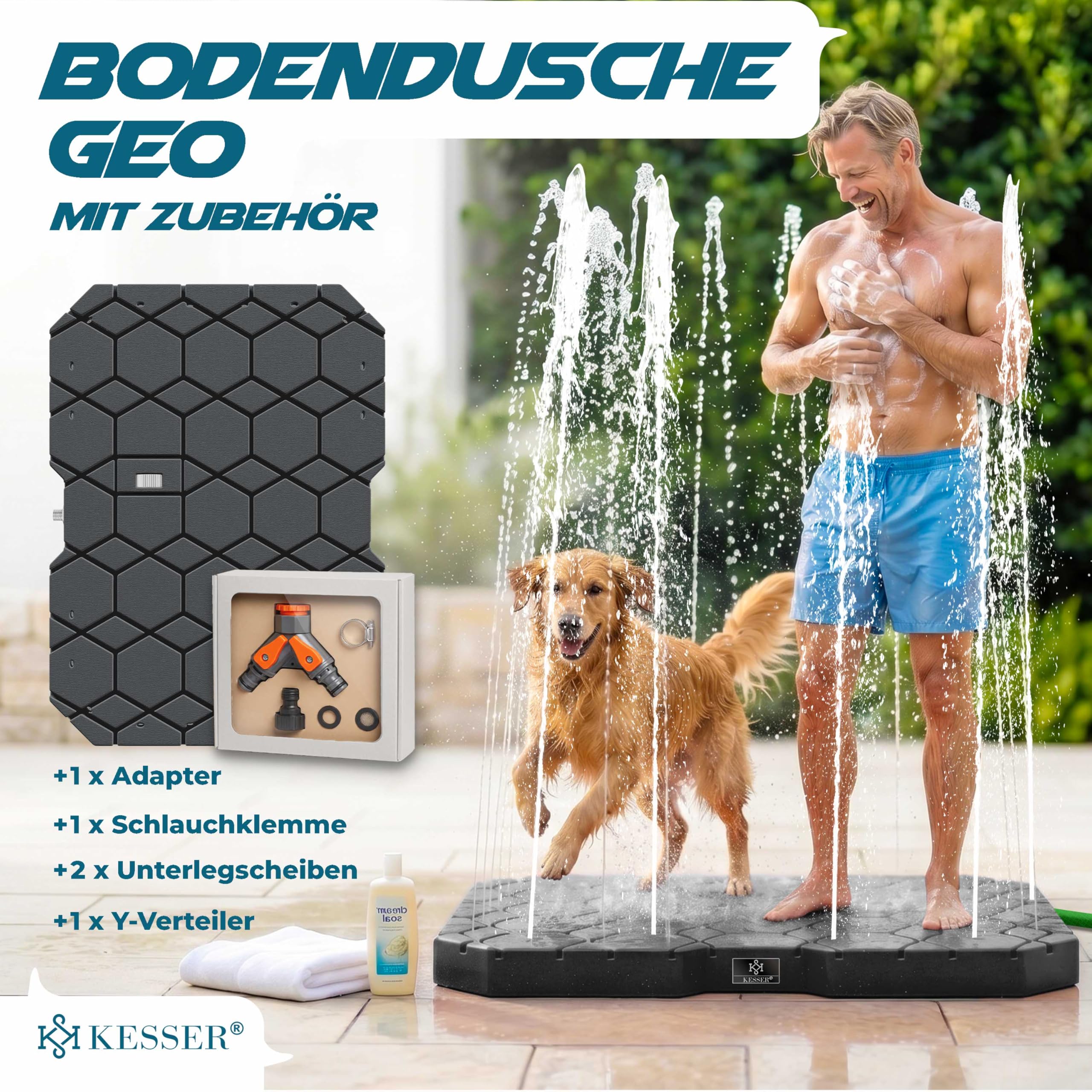 KESSER® Bodendusche Geo Gartendusche, Dusche für alle - Groß, Klein & Vierbeiner, rutschfest, UV- & Wetterfest, Rostfrei & Schimmelresistent, Steuerung über Fußrad, Inklusive Zubehör, Anthrazit