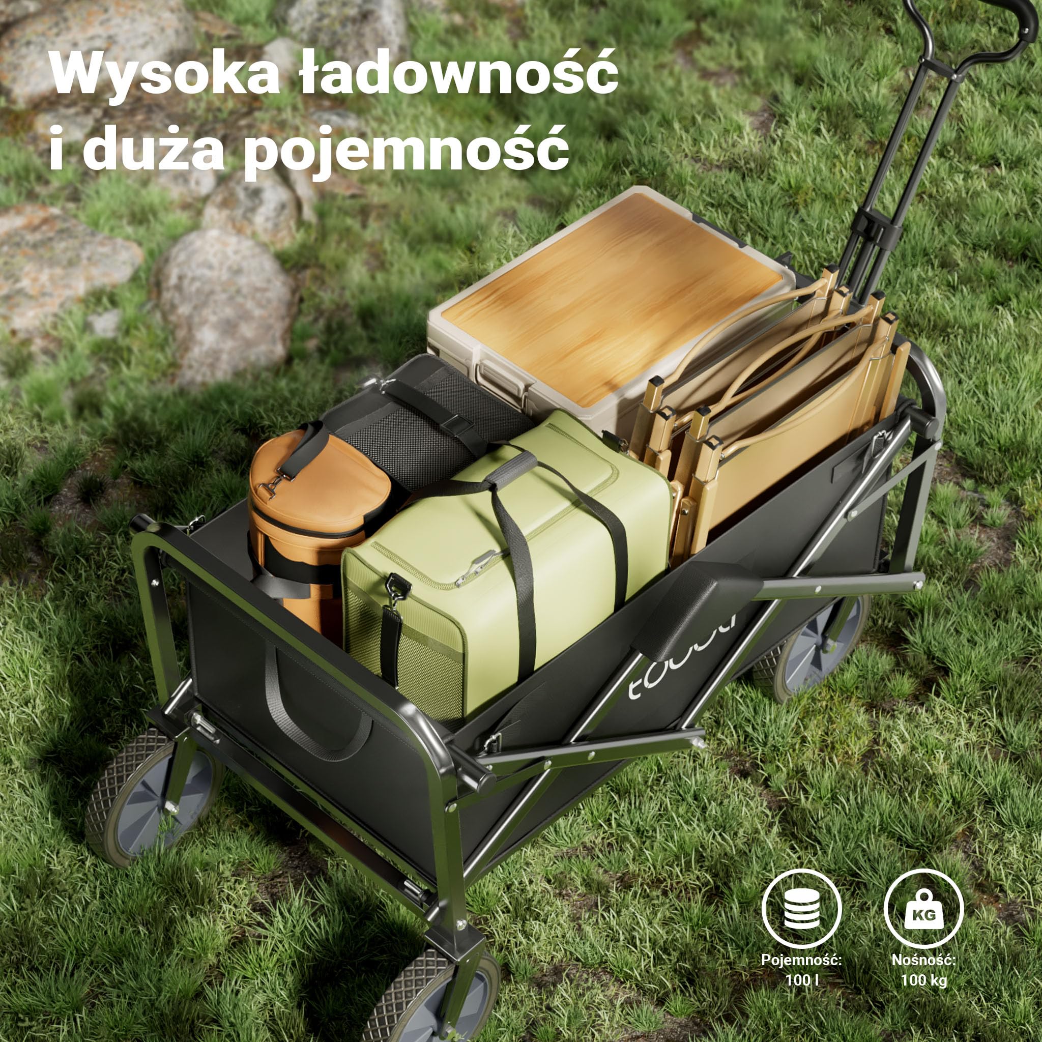 Składany wózek transportowy z teleskopowym uchwytem do 100 kg, kompaktowa przyczepka kempingowa, solidny wózek plażowy, turystyczny i ogrodowy