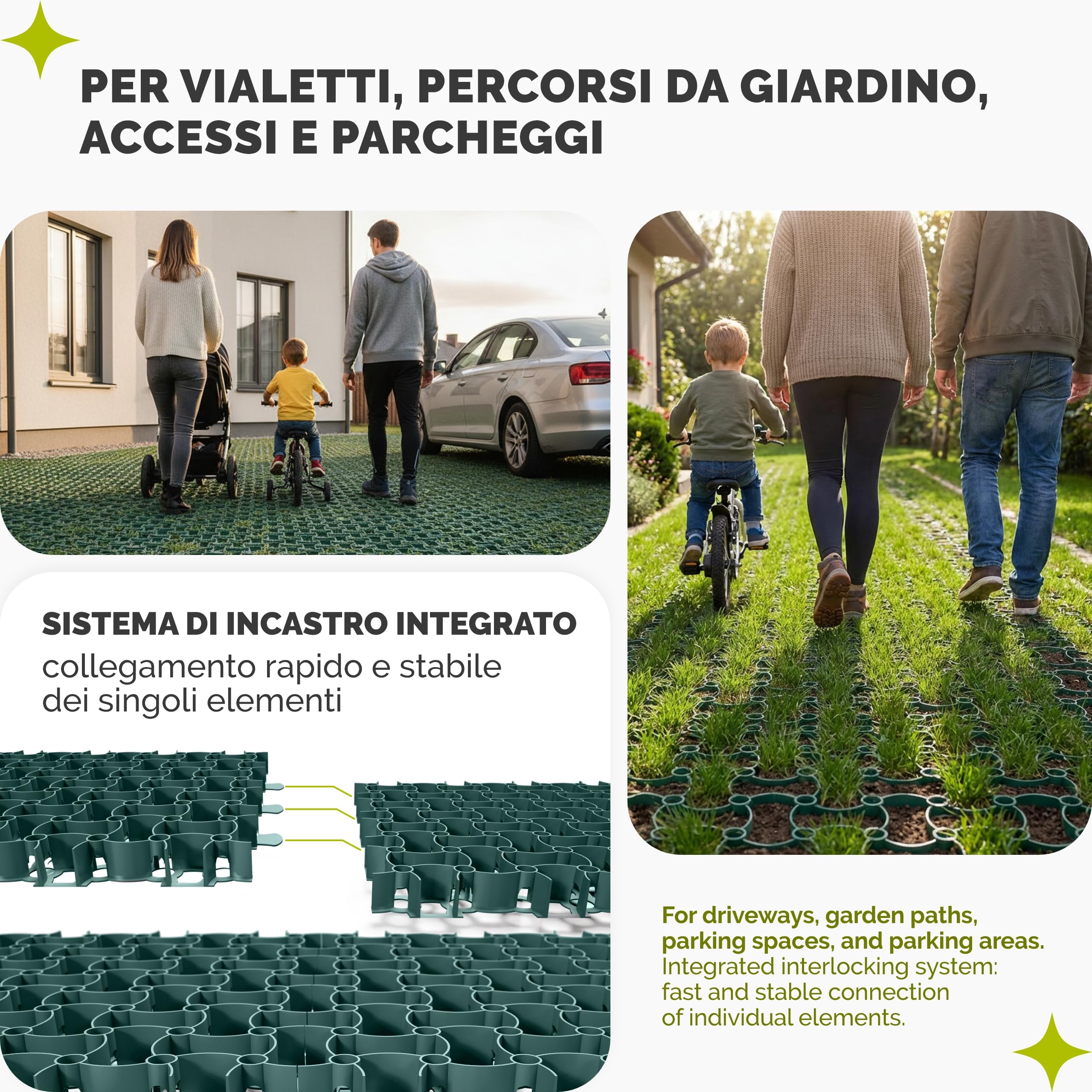 Garronda Griglia Salvaprato Carrabile 10 Pezzi (2,5 m²) 50 x 50 x 4 cm in Plastica Riciclata per Giardino e Ghiaia Modulare Drenante per Parcheggio e Vialetti Resistente 16 t/m² Verde GD-0224