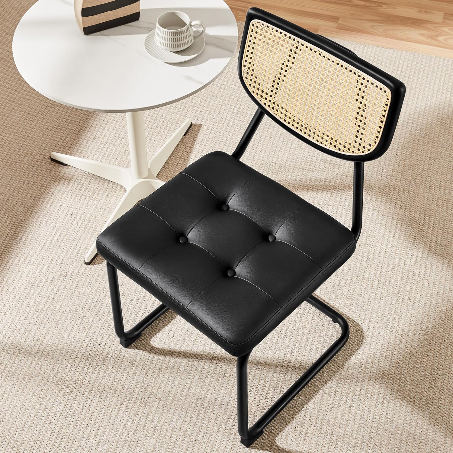 Yaheetech Rattan Dining Chairs Set of 2 Mid Century Modern Dining Room Chairs with Chrome Legs and Rattan Back for Home Kitchen, Faux Leather, Black