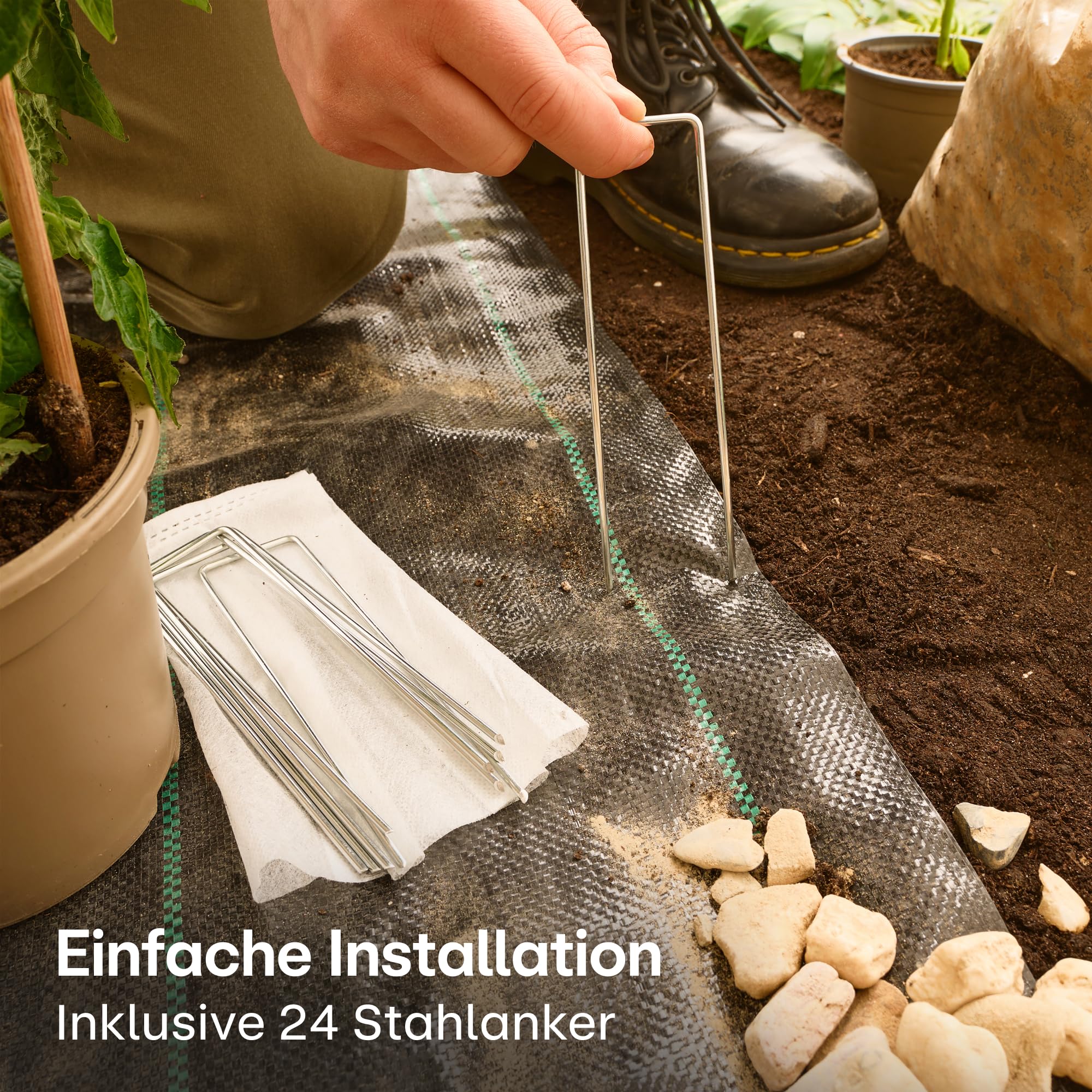 Praknu 50m² Anti Unkrautgewebe 100g/m² mit 24 Erdanker - Wasserdurchlässig & Extra Reißfest - Leicht zu Verlegen - UV Beständige Bändchengewebe - Ideal für Mulch und Kies
