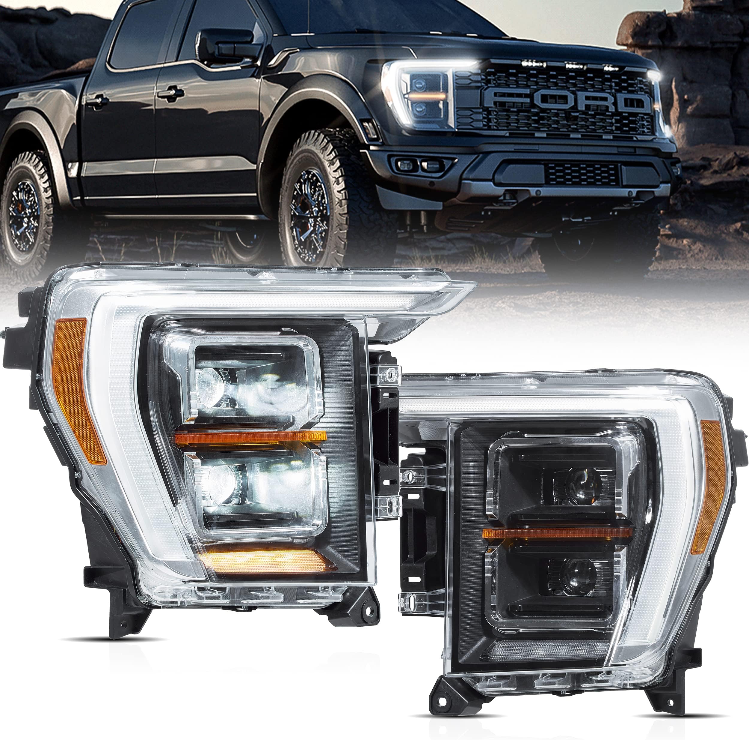 Headlight Assembly Fit for Ford F150 2021-2023 14th Gen XL, XLT, Lariat, Tremor, Raptor, King Ranch, Platinum, Limited, Clear/Projector