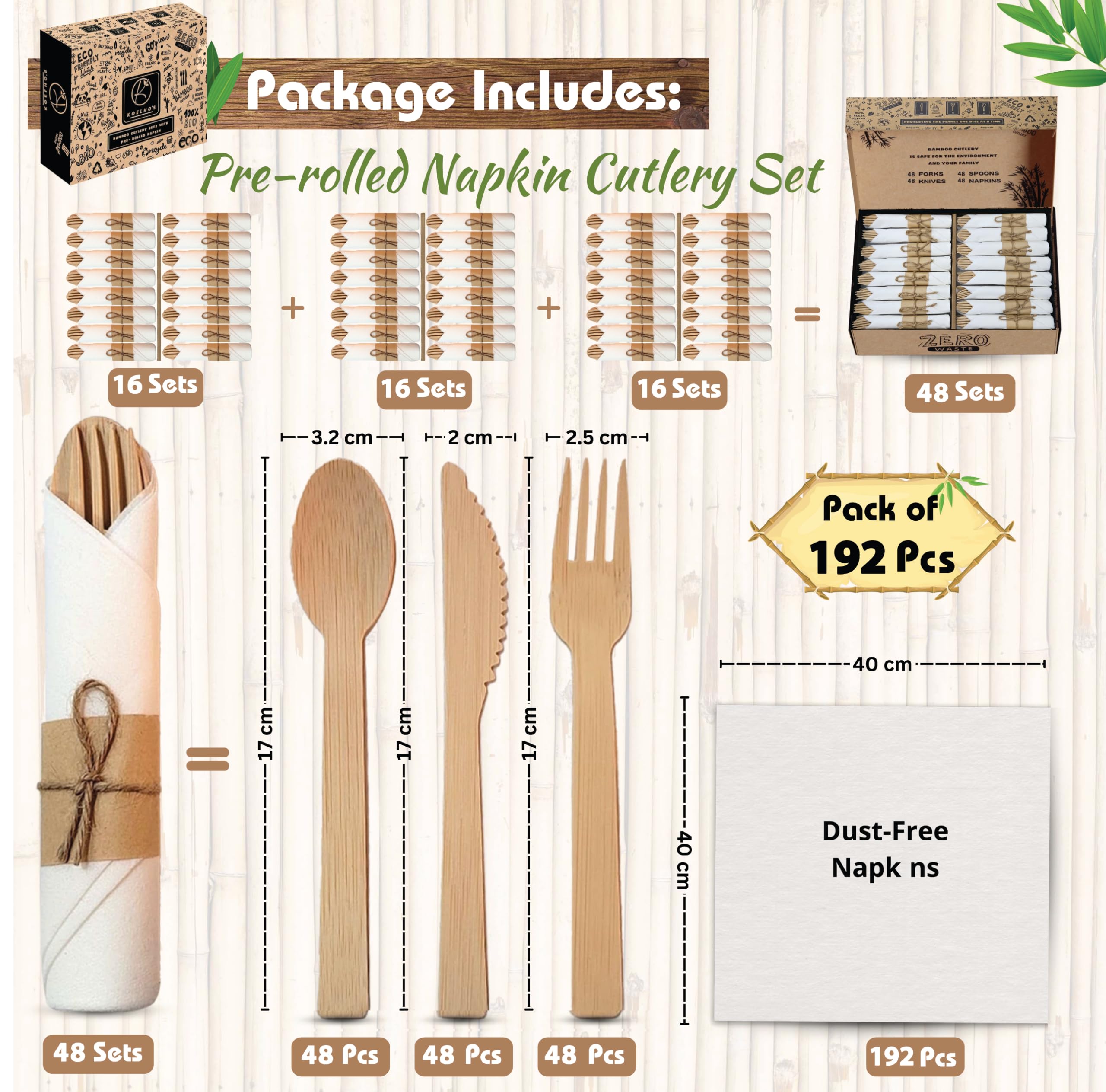 KOELHO'S Juego de cubiertos de bambú 100 % natural, 24 cuchillos, 24 tenedores y 24 cucharas, juego de utensilios de bambú reutilizables para fiestas, bodas, pícnics (paquete de 48)