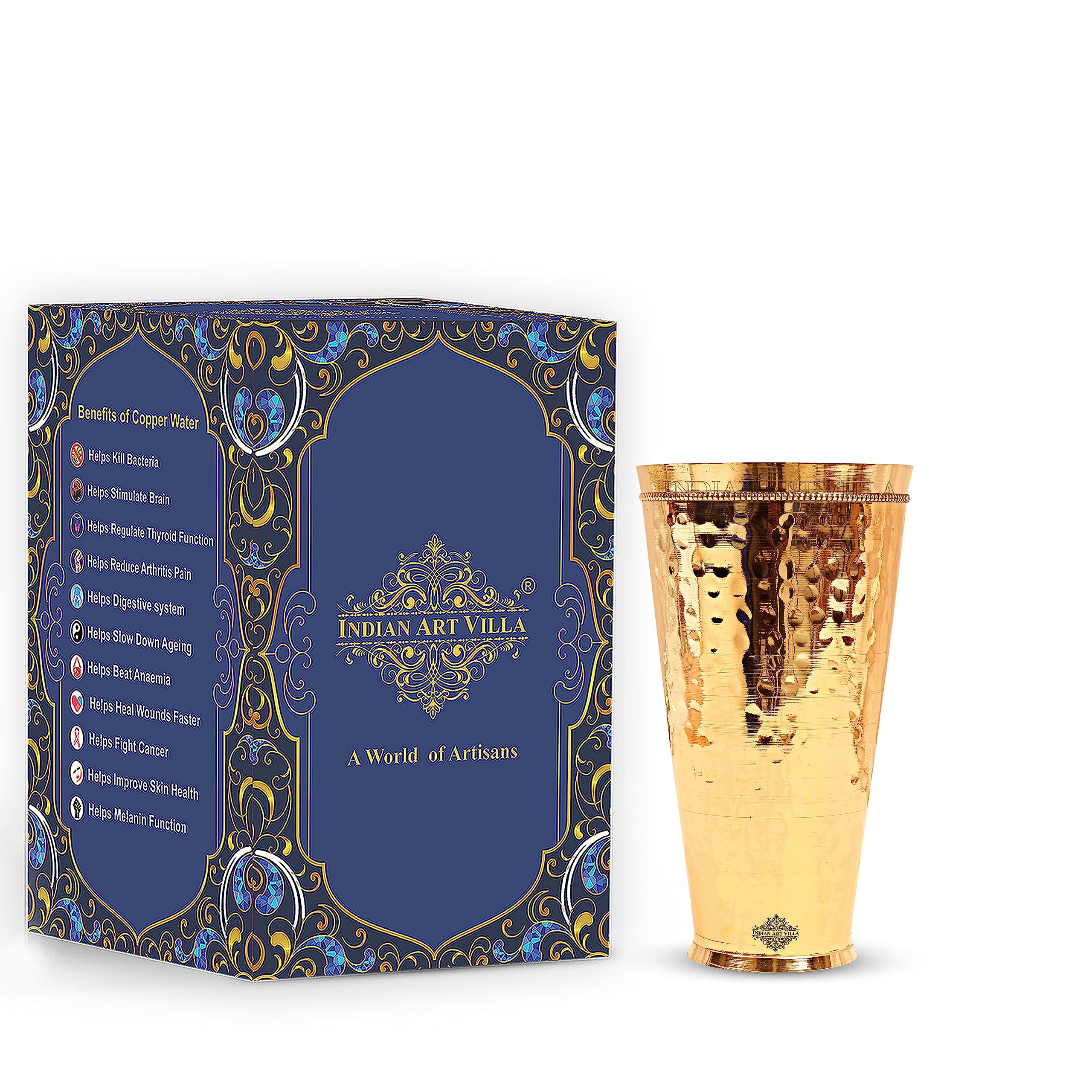 Indian Art Villa Hammered Brass Lassi Glass Tumbler Serving Drinking Water 16 Oz Gold