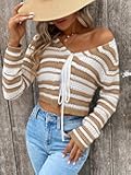 Womens V Neck Long Sleeve Striped Knit Cardigans Open Tie Front Hollow Out Cropped Cardigan