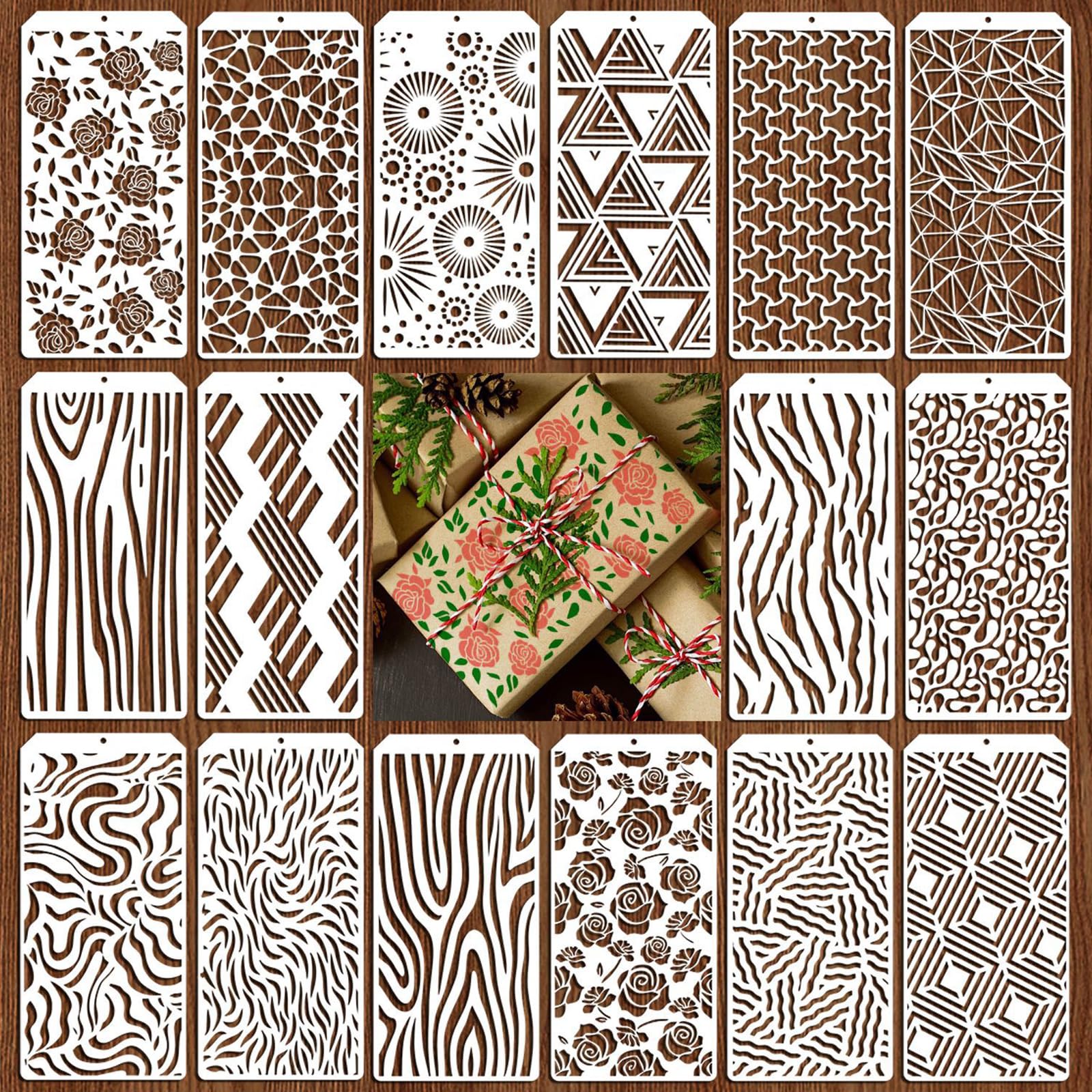 Durdiiy 16 PCS Mixed Texture Layering Painting Stencils, Flowers Texture Decorative Stencils Reusable Openwork Painting Stencil Plant Plastic Painting Stencil for Painting on Floor Wall Canvas Paper
