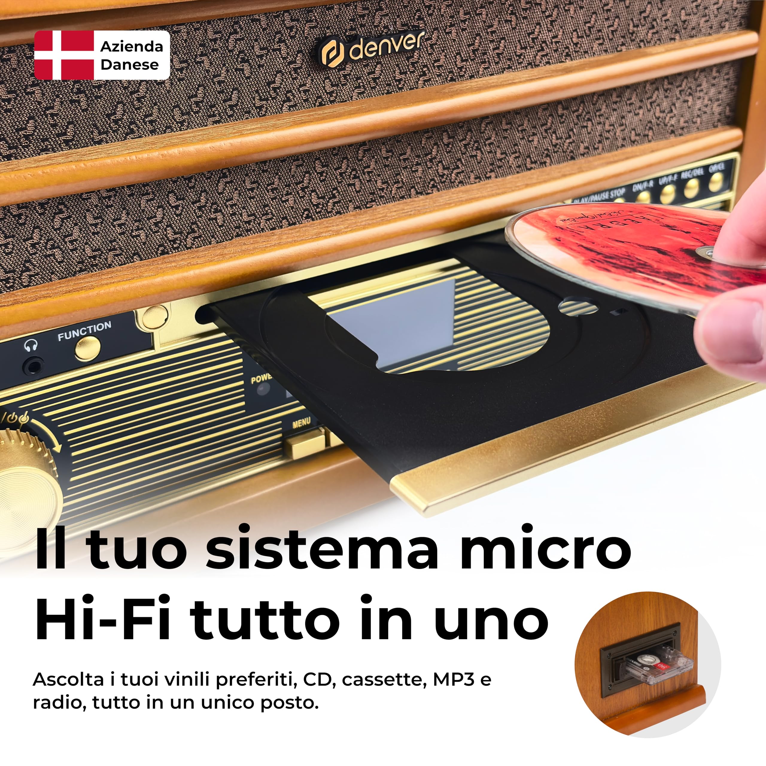Denver MRD-51 Giradischi Vinili Vintage in Legno con Radio DAB+, Lettore Vinile, CD, Cassetta, USB per MP3, Giradischi e AUX – Giradischi con Casse Integrate Retrò