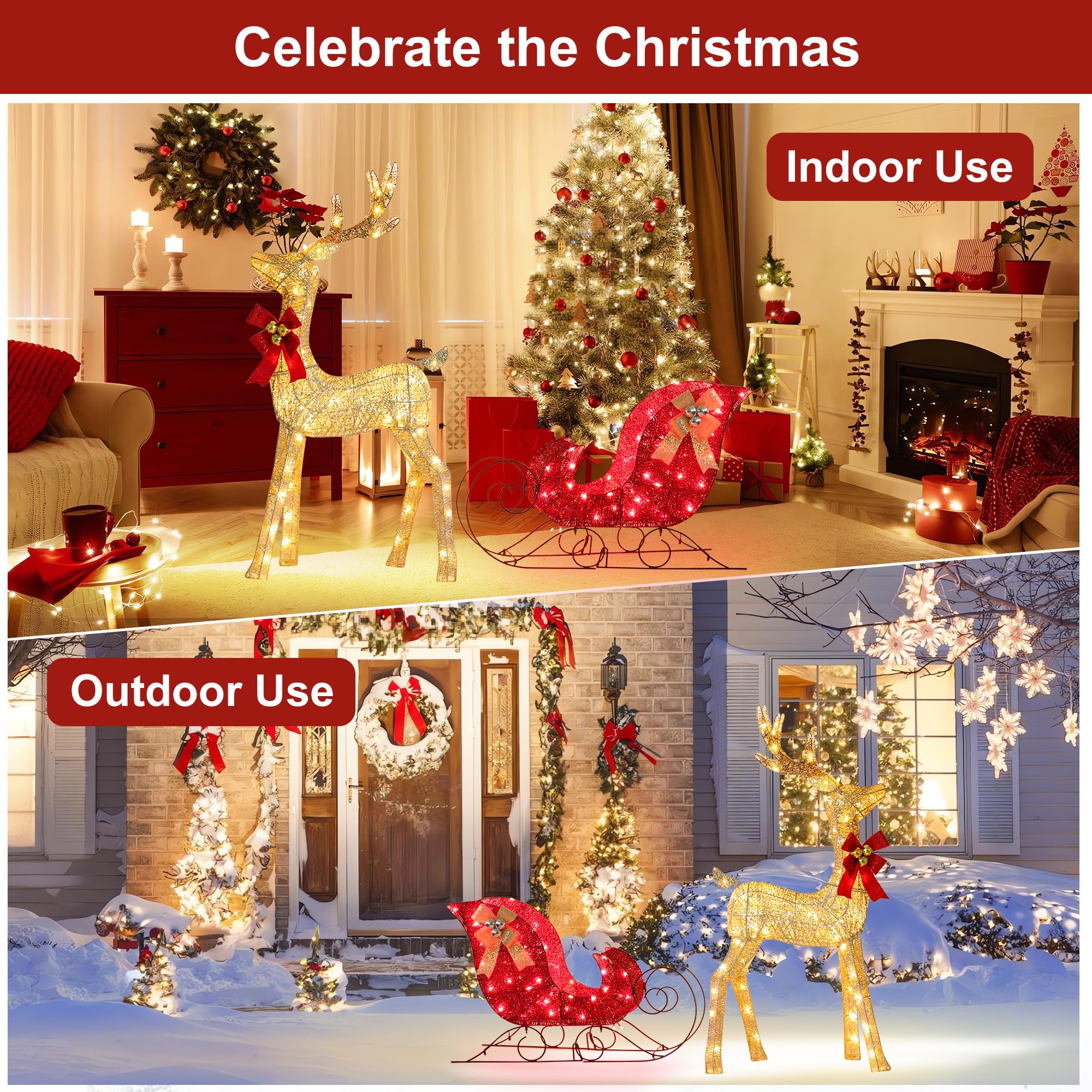 TQVAI Decoraciones de Navidad de reno, decoración de patio al aire libre, adornos de césped de Navidad, ciervo claro dorado con trineo de Papá Noel, 160 luces LED, estacas en forma de U, lazos de