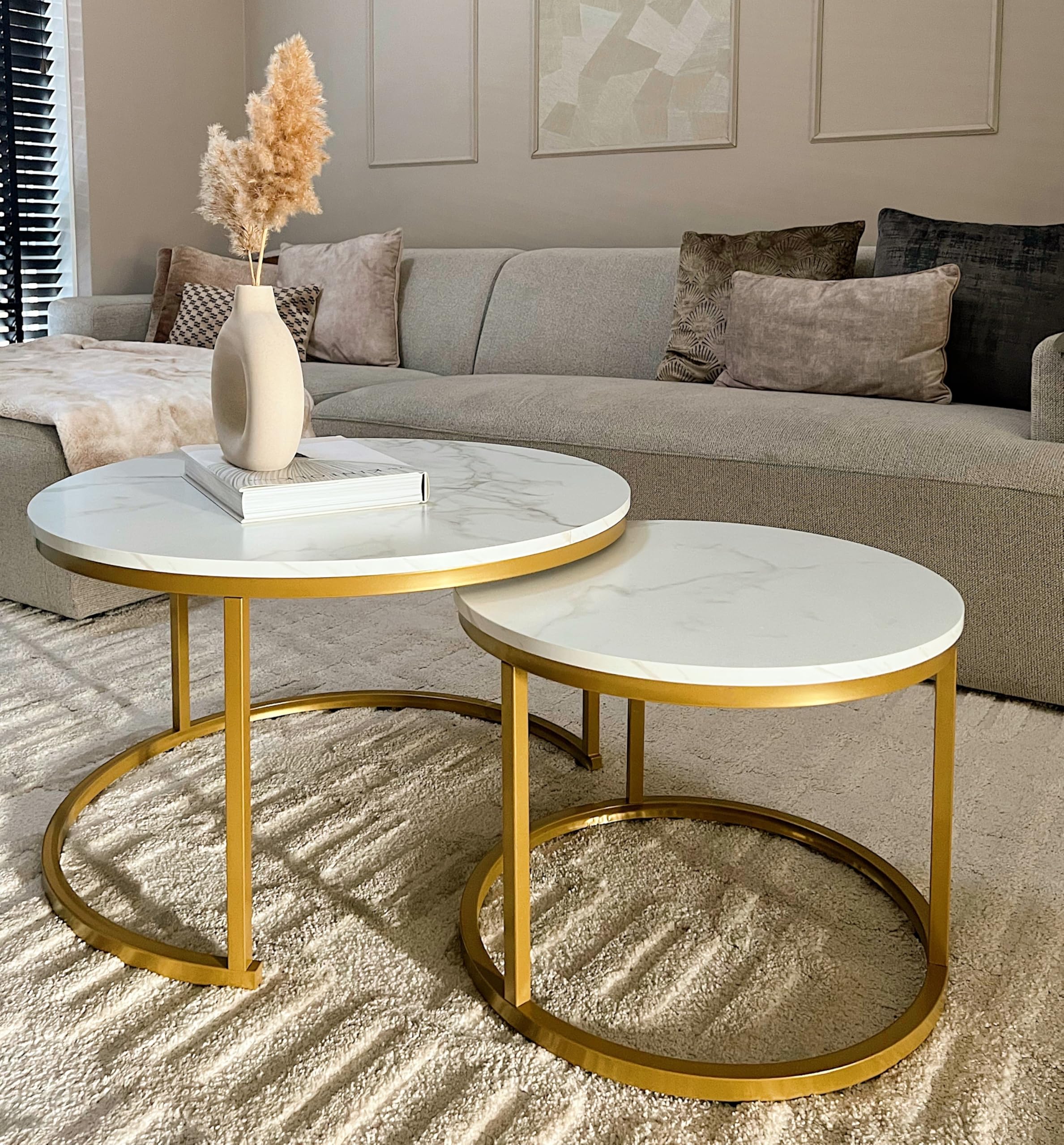 Home Heaven® Couchtisch Rund Weiss Marmor mit Gold – Runder Wohnzimmertisch 2er Set für Wohnzimmer - Ø70cm Ø50cm