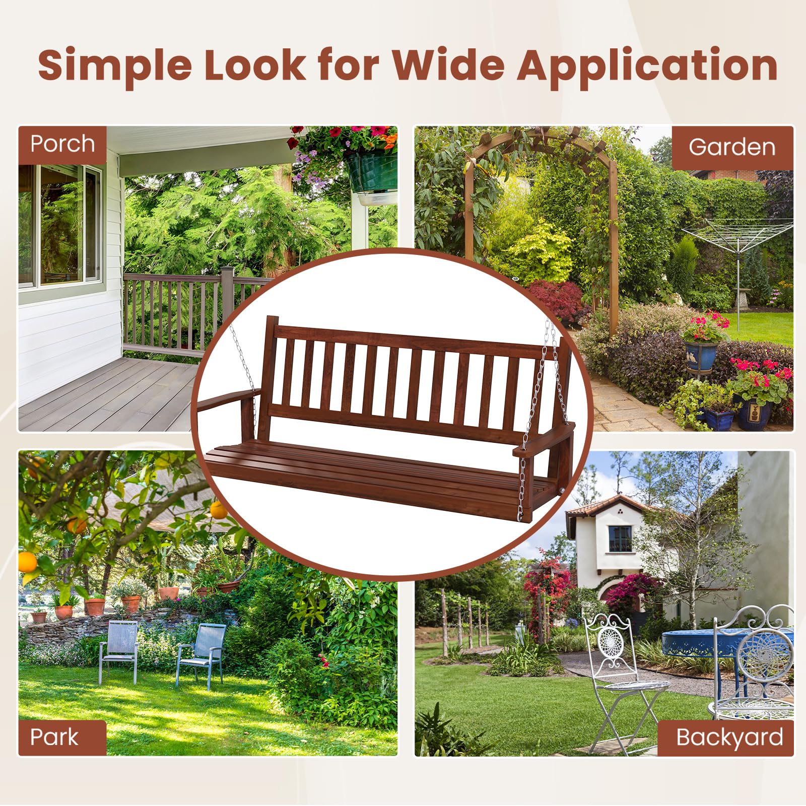 KOMFOTTEU Banc Suspendu 2-3 Places Balançoire Jardin Bois Massif Fauteuil Suspendu Charge 230/360 kg 168x65x63 cm Marron