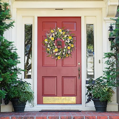 Vista 4 de Sggvecsy Corona de margaritas y lavanda de 24 pulgadas, corona de flores silvestres para primavera y verano, artificial de primavera y verano