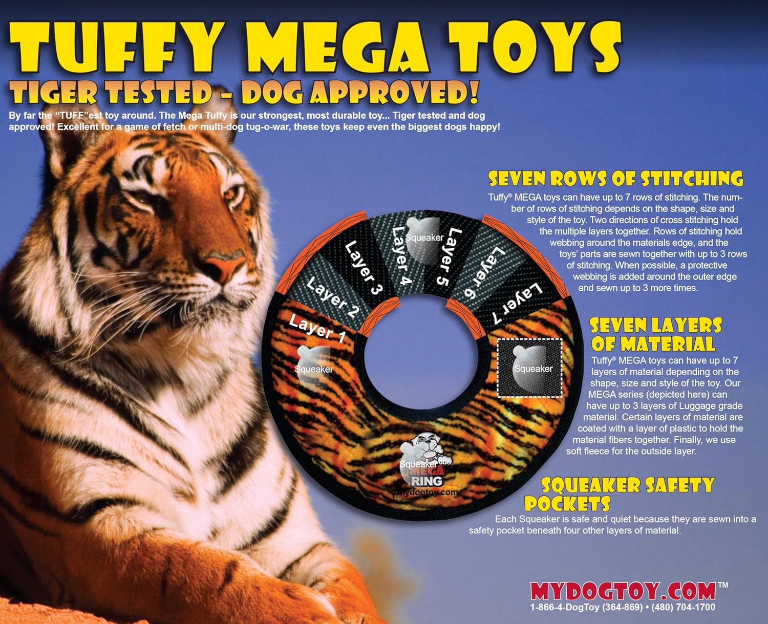 TUFFY - World's Tuffest Soft Dog Toy- NO Stuff - Squeakers - Multiple Layers. Made Durable, Strong & Tough. (Tug, Toss & Fetch). Machine Washable & Floats (Mega Ring Tiger, Large 2 Pack)