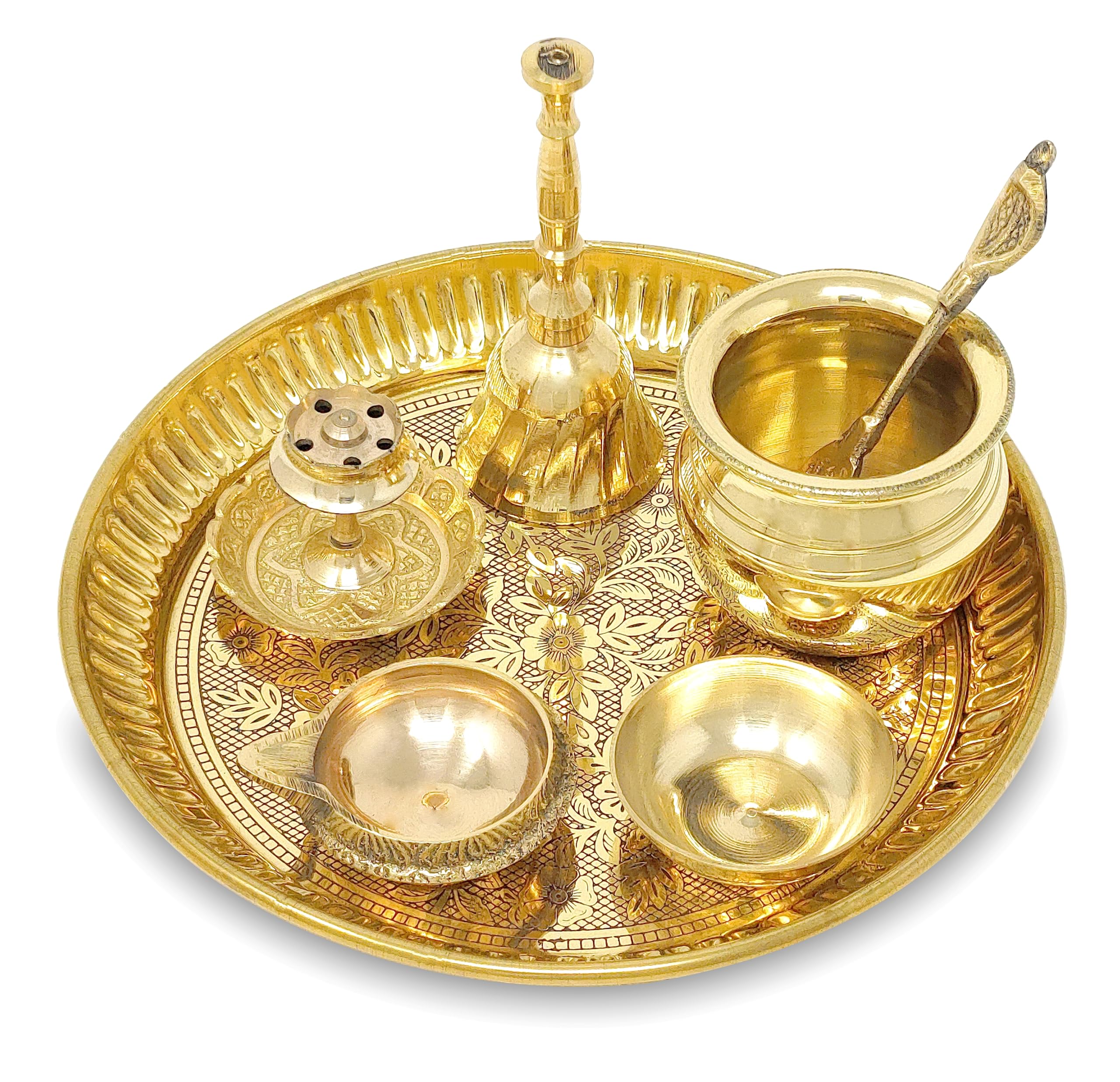 BENGALEN Brass Pooja Thali Set Small 6 Inch Puja Thali with Pital Plate Kalash Kuber Diya Chandan Wati Agarbatti Stand Ghanti Palli Arti Thali for Diwali Home Office Mandir Wedding Return Gift Items