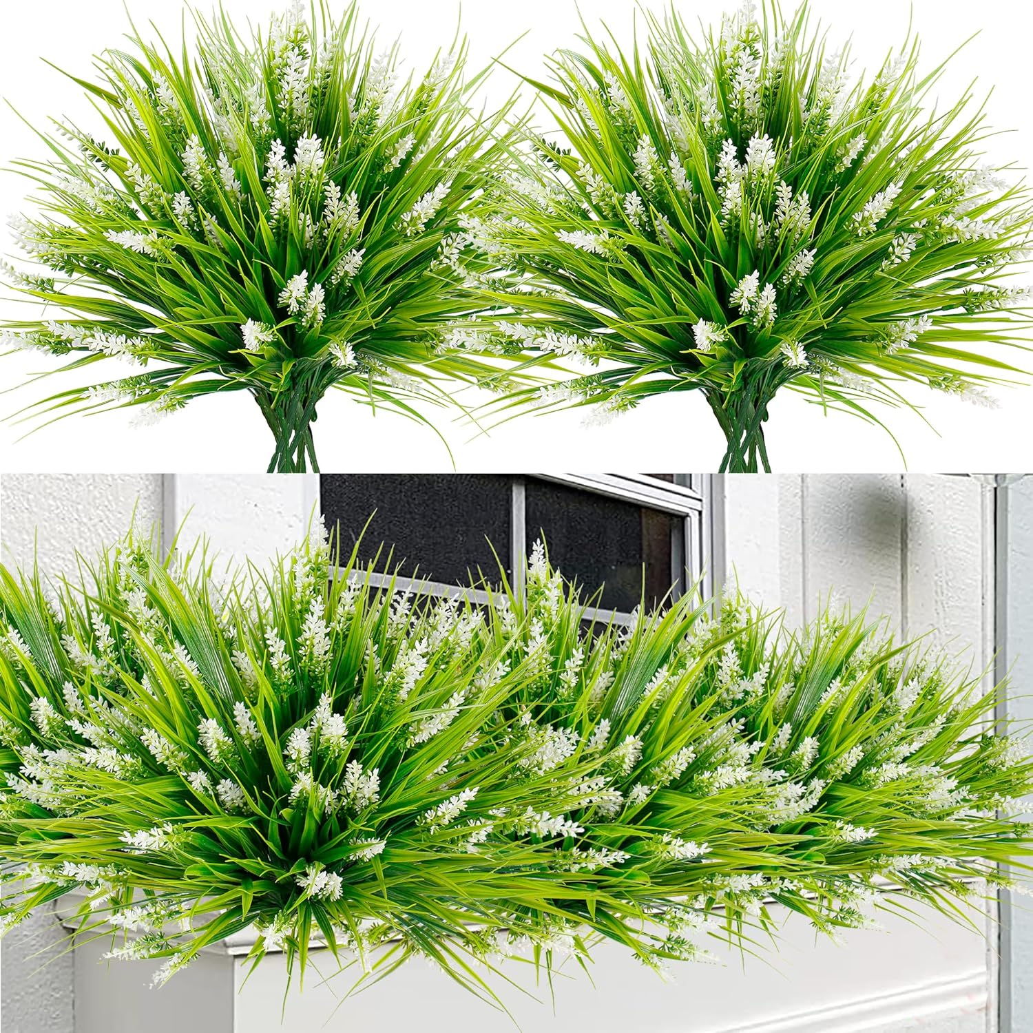 Sggvecsy 24 Bundles Artificial Plants Outdoor Faux Lavender Flowers Fake Monkey Grass UV Resistant Plastic Greenery Plants for Garden Home Porch Window Patio Hanging Planter Indoor Decor (White)
