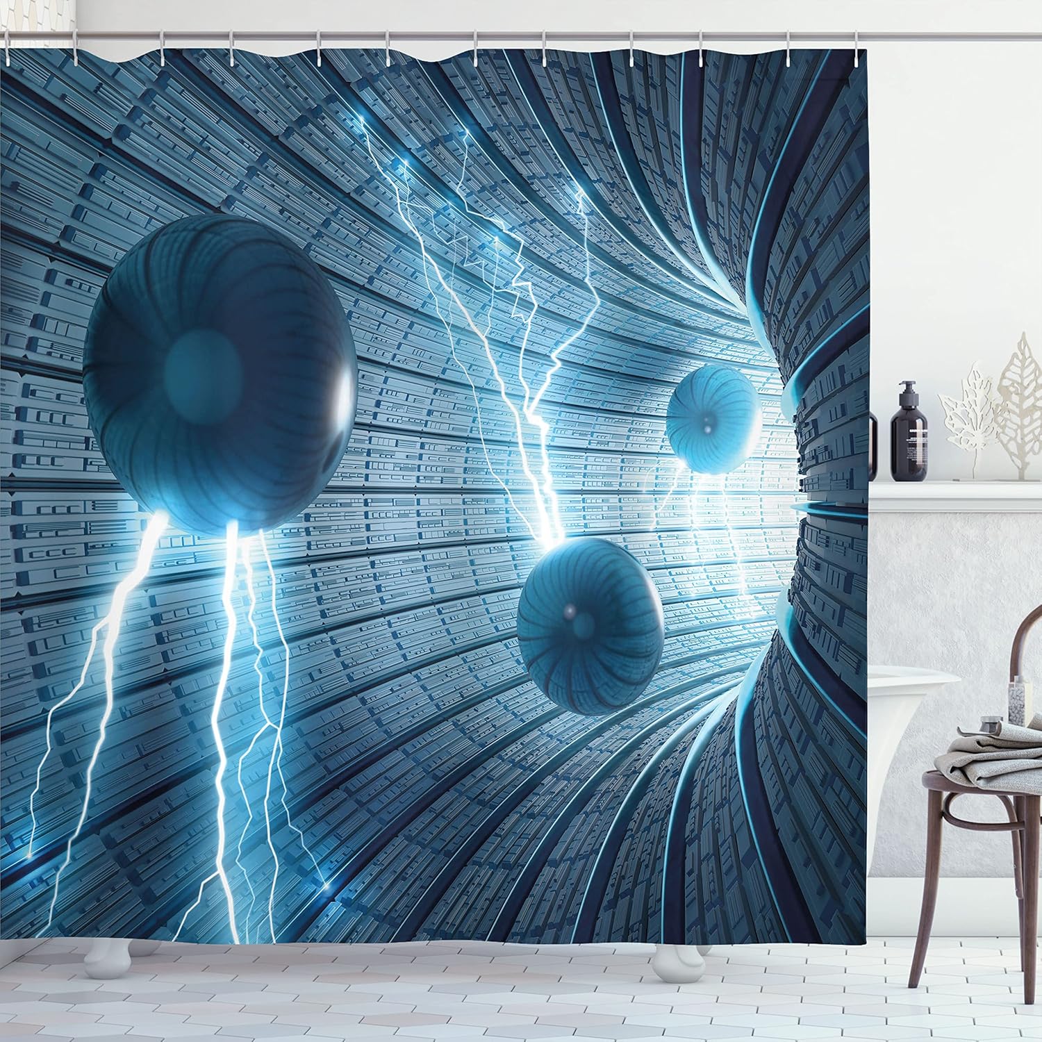 Ambesonne Abstract Shower Curtain, Science Fiction Abstract Art Inside a Tunnel with Electric Spheres Illustration Print, Cloth Fabric Bathroom Decor Set with Hooks, 69" W x 70" L, Blue