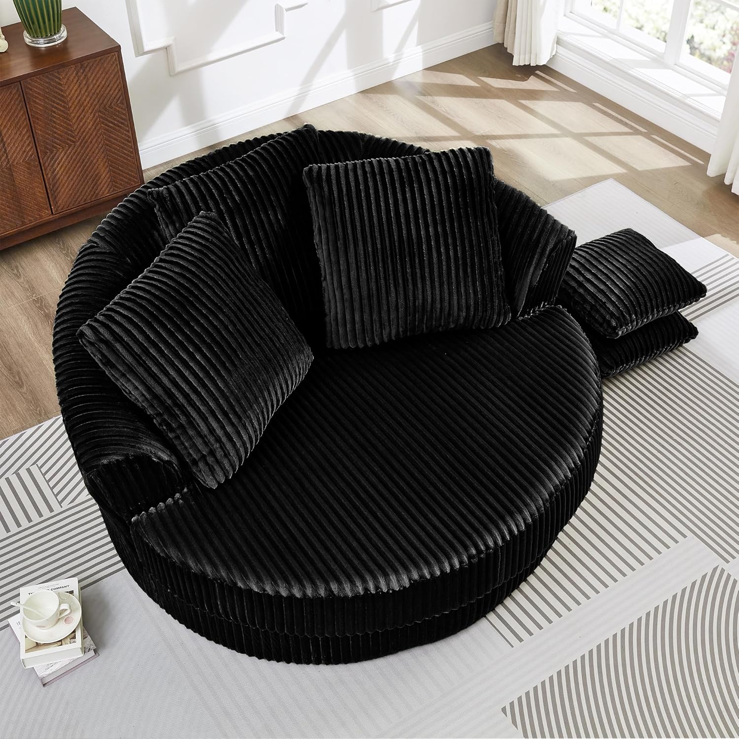 SLEERWAY Oversized Round Accent Chair, 61" W Large Circle Barrel Chair and A Half, Comfy Upholstered Corduroy Lazy Sofa Couch with Pillows, Chaise Lounge Daybed for Living Room, Bedroom, Black
