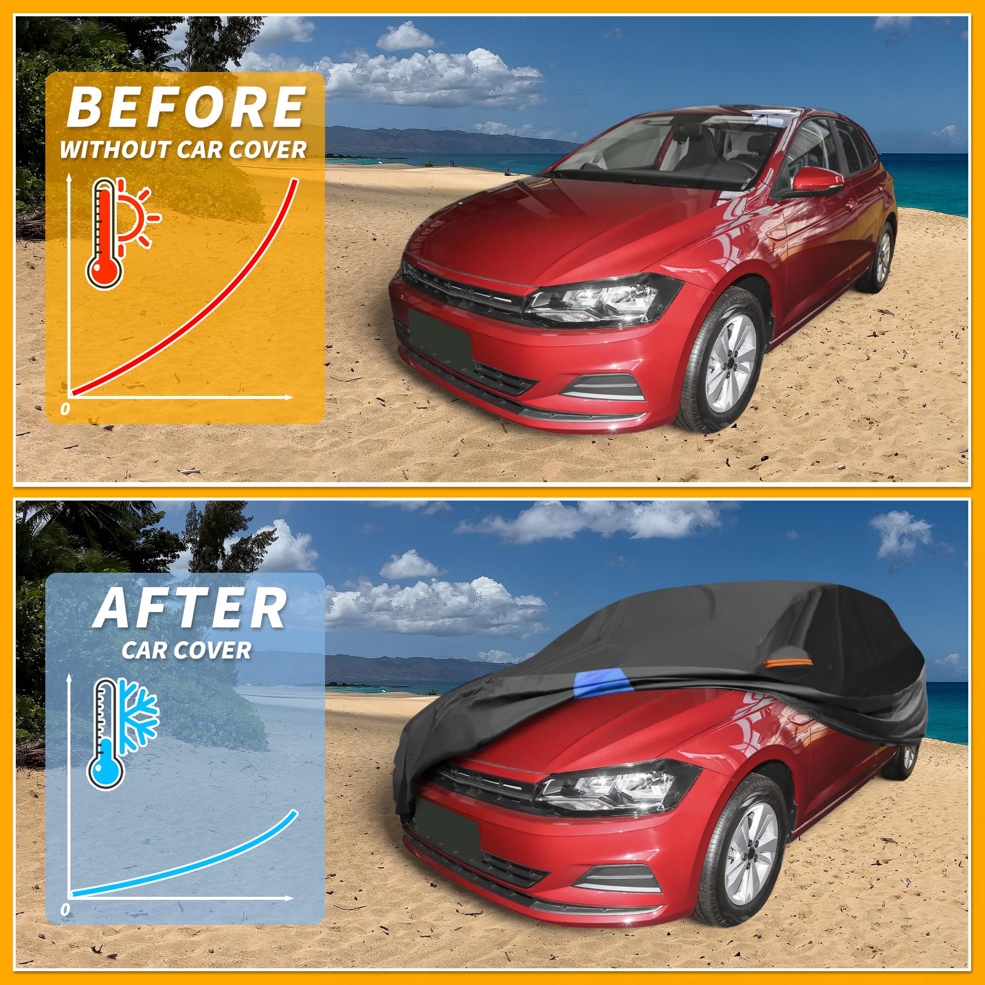 Partuto Waterproof All-Weather Universal Car Cover with Right Side Zipper 190T Polyeste Black Blue Fits for Hatchback 163 — view 4