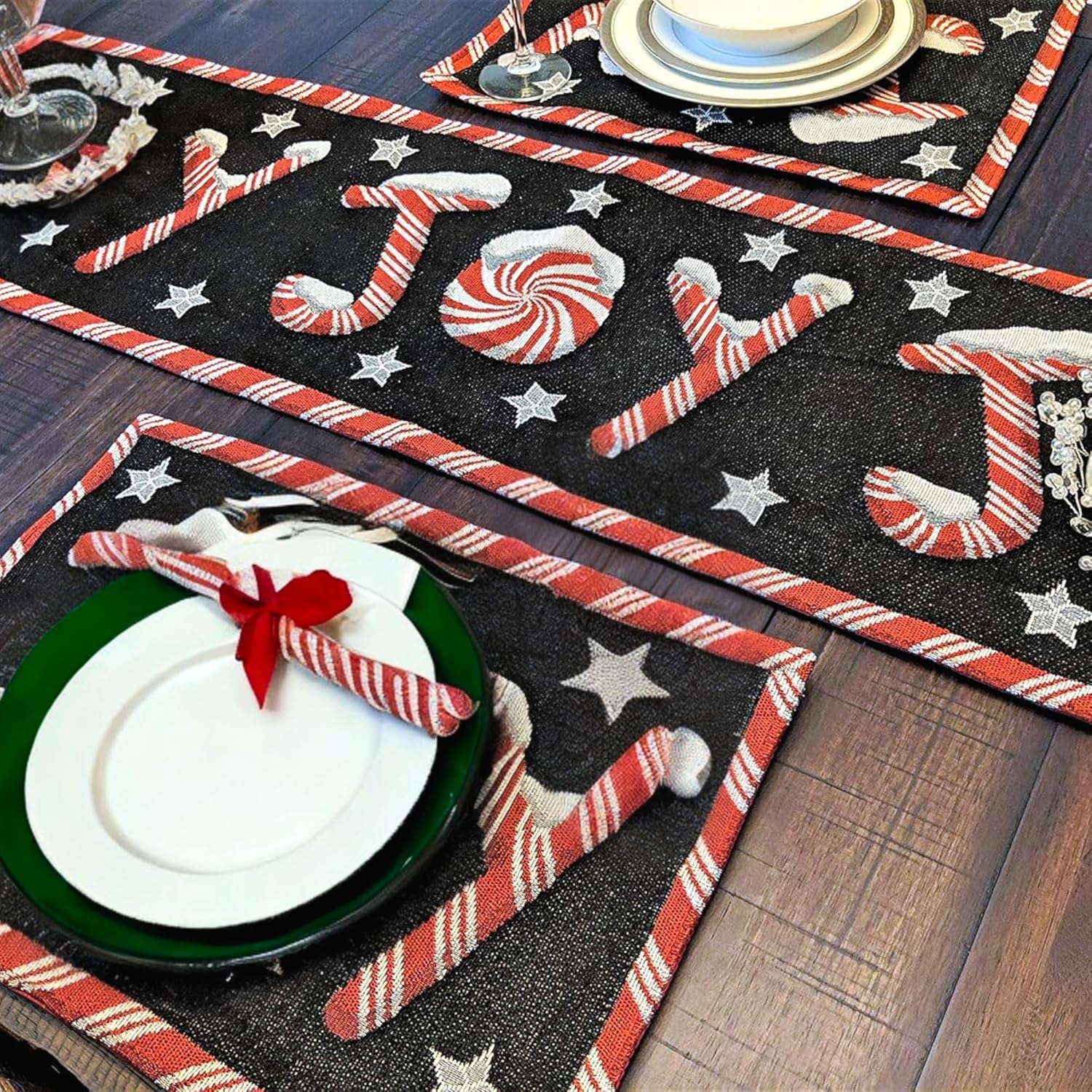 DaDa Bedding Starry Peppermint Joy Tapestry Table Runner - Festive Black Red Christmas Holiday Candy Cane Sweets - Cotton Linen Woven Kitchen Yueltide Dining Mats - Oversized 13" x 120" (12904)