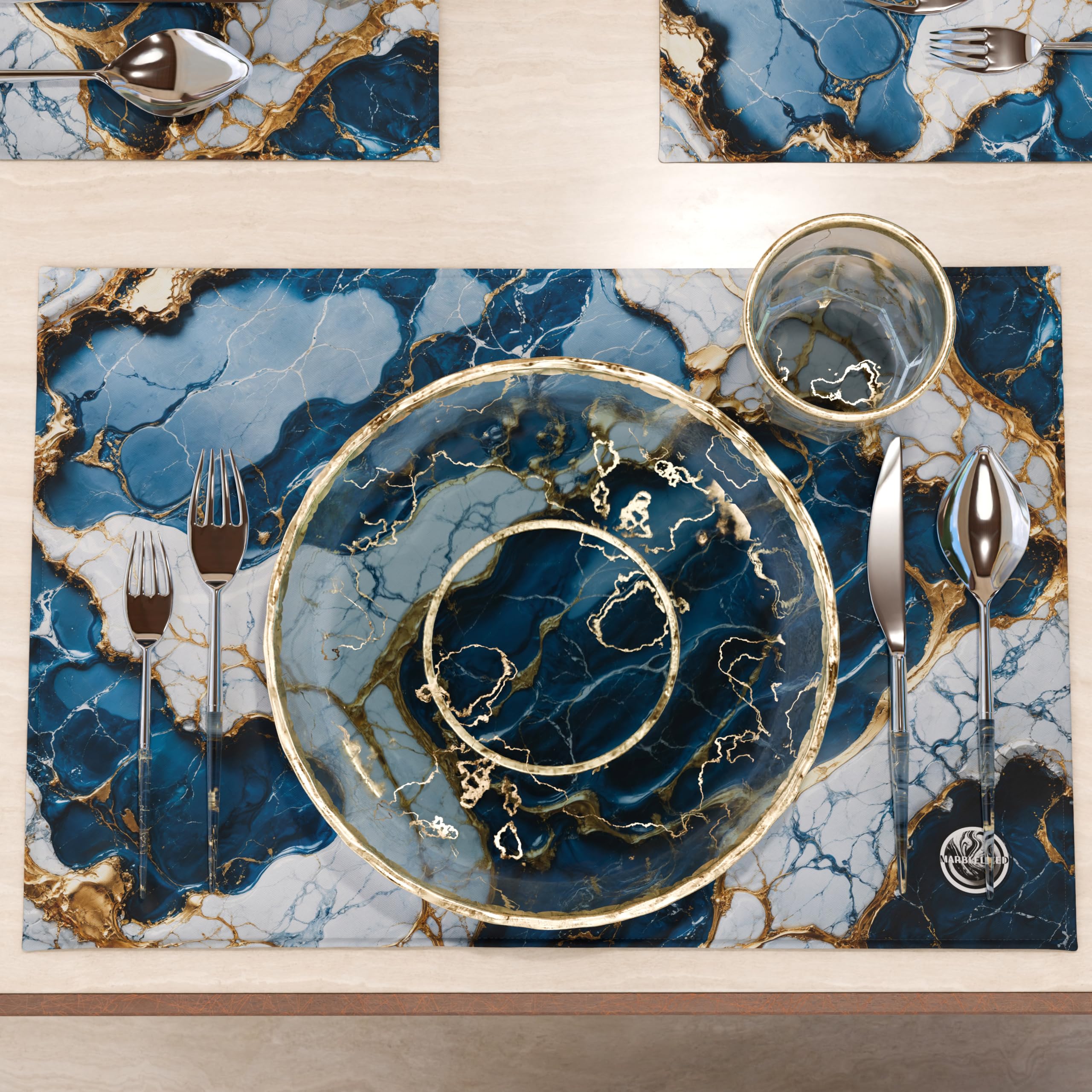 MARBLELIZED, Washable American Placemats, Blue Marble Effect Fabric Placemats, Set of 2 (30 x 45 cm), Elegant - Image 3