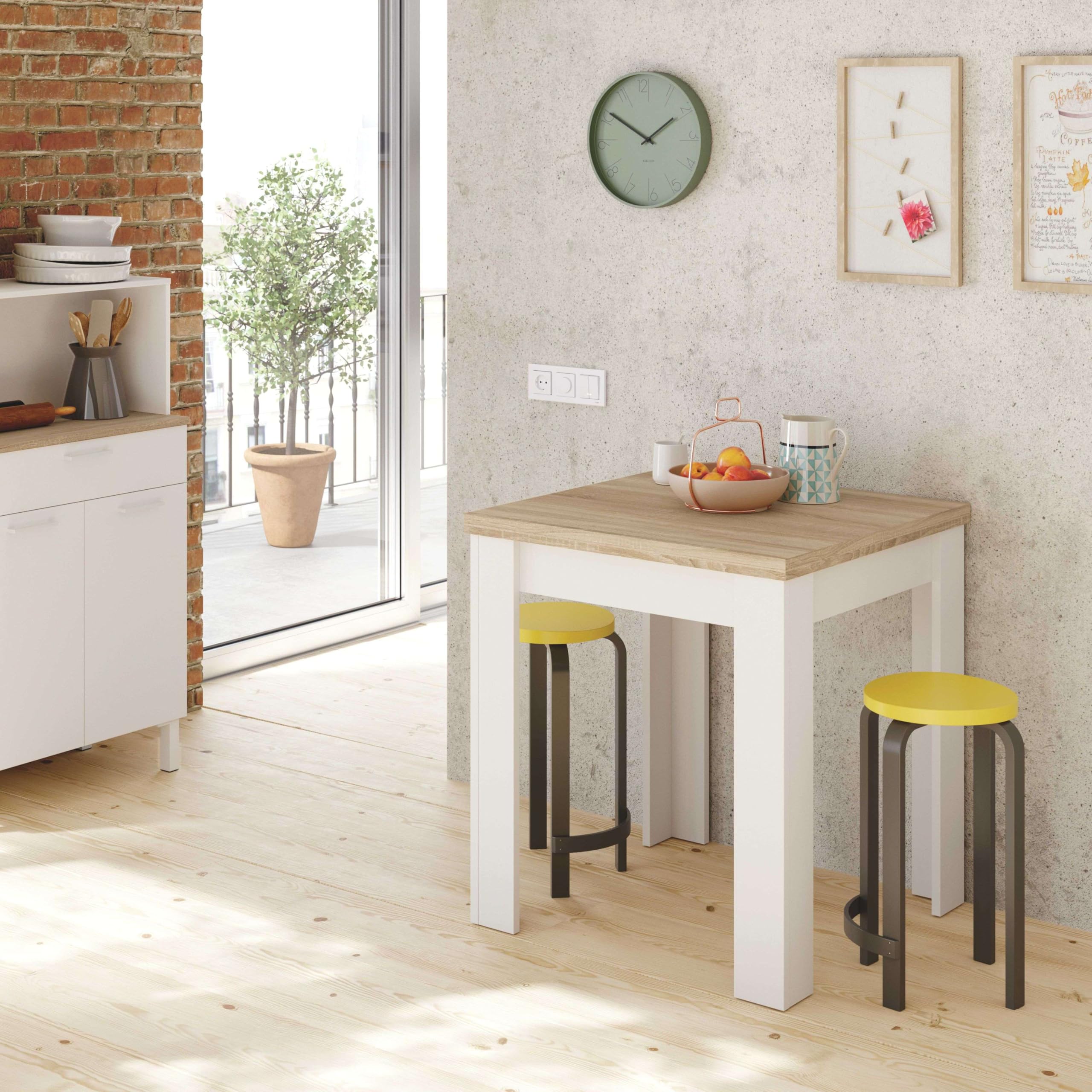 Habitdesign – Mesa Auxiliar Extensible para Cocina, Color Blanco Artik y Roble Canadian, 67–134x67x79 cm – Modelo Livre