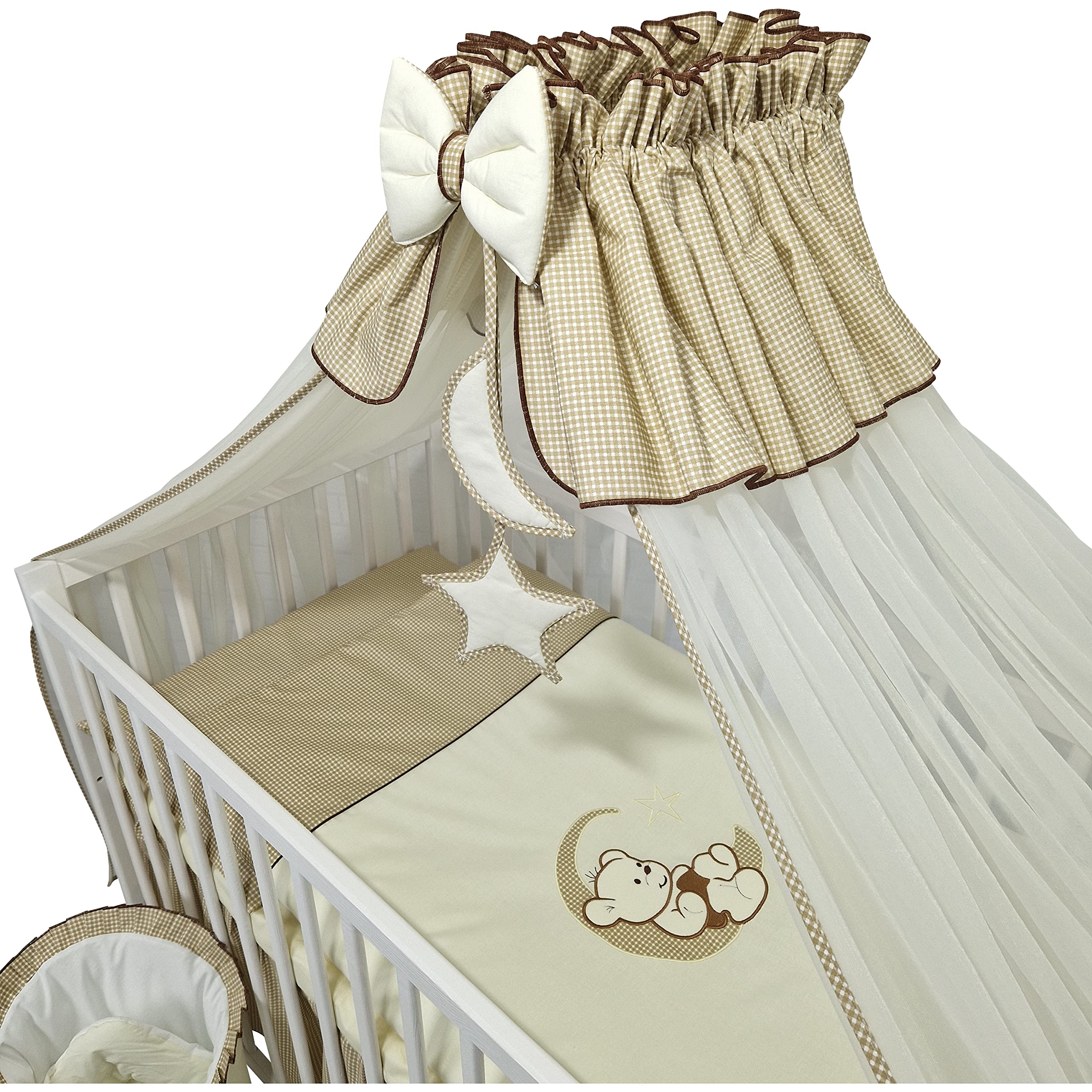 Juego Completo de 14 Piezas de Ropa de Cama de bebé sin Cama Bordado con Osito en la Luna Beige Oscuro (100x135 cm)