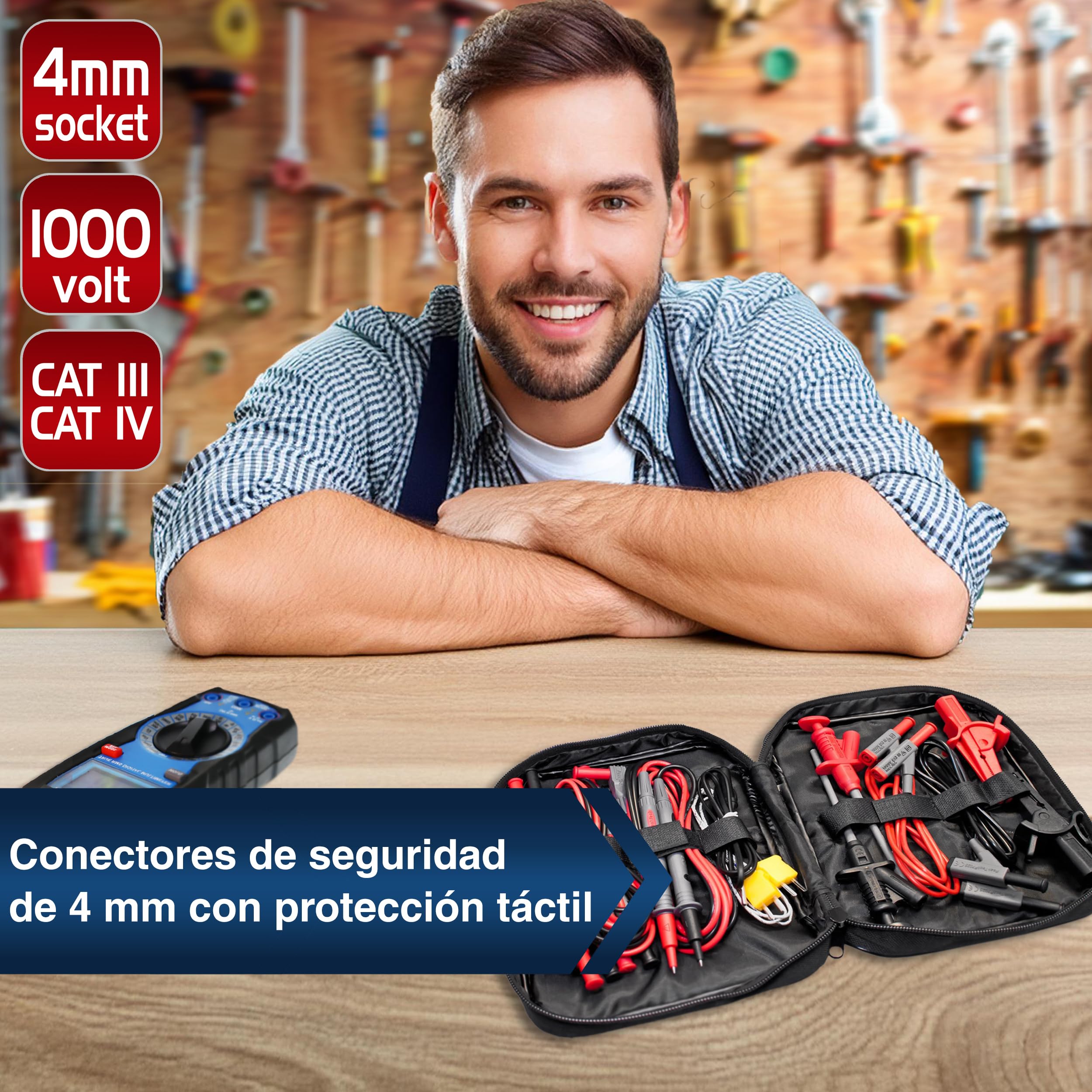 PeakTech 8200 - Juego de Accesorios de Medición para Multímetro Digital, Cables de Prueba, Pinzas de Cocodrilo, con Batería - 14 Piezas, Bolsa Incluida