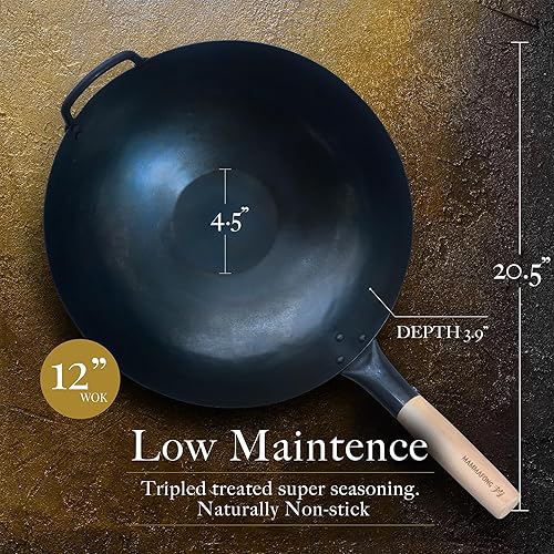 Miniatura 10 de Mammafong Sartén de wok tradicional de acero al carbono de 16 pulgadas con fondo plano grande  Auténticos woks martillados a mano y sartenes para