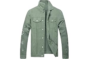 Green Denim Jacket for Men, Classic Ripped Slim Denim Jacket with Holes