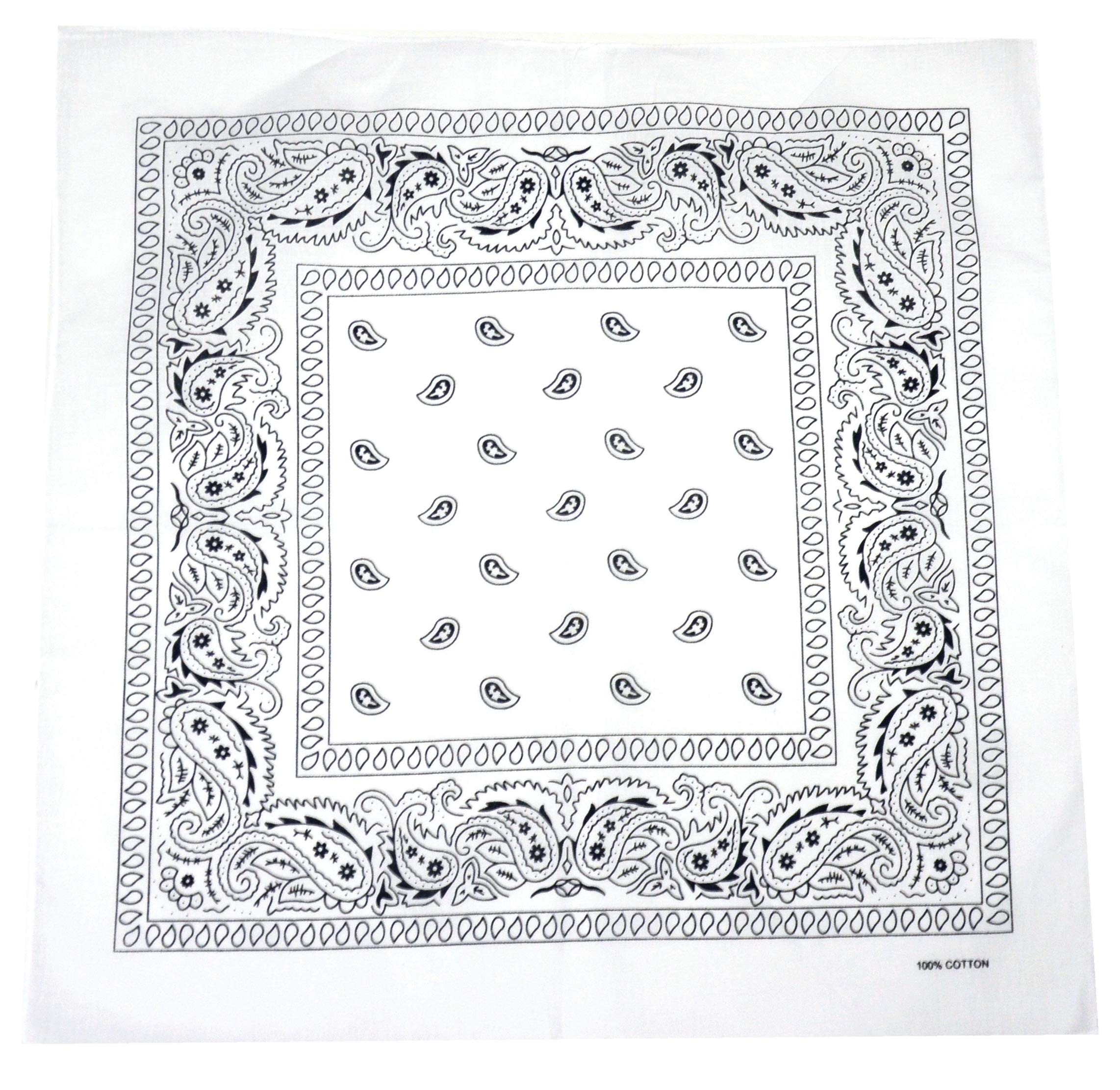 Unisex 100% Cotton Bandana Multifunction Paisley Headbands Square Scarf Neck Face Nose Mouth Cover Head Wrap Cap Gaiter Cowboy Handkerchiefs Men Women Hair Band Retro Plain (White Paisley)