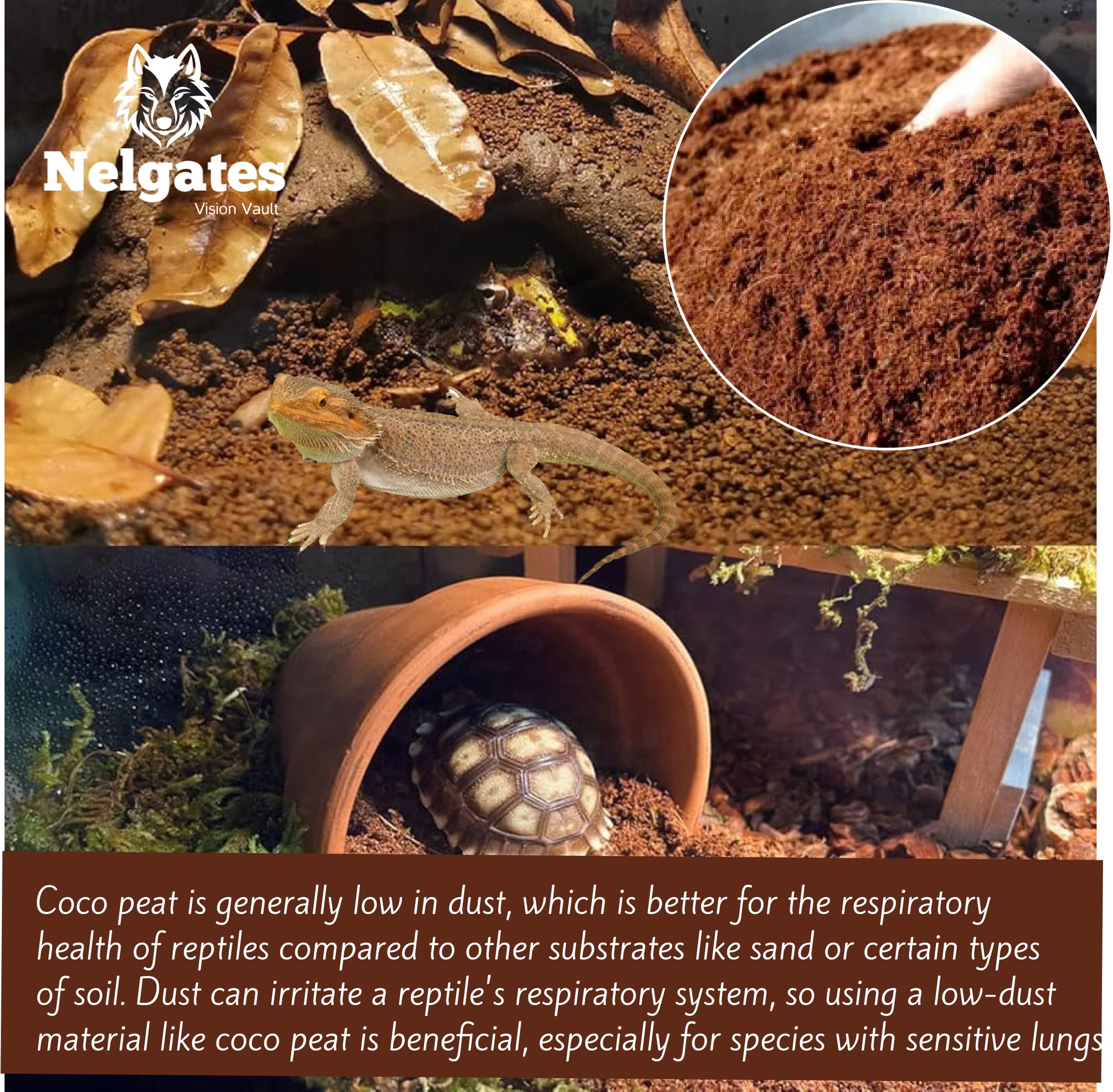 Nelgates Coco peat for Reptiles Bedding 5kg Coco peat Terrarium Substrate for Ball Python Frog Snake Gecko Hermit Crab Tortoise