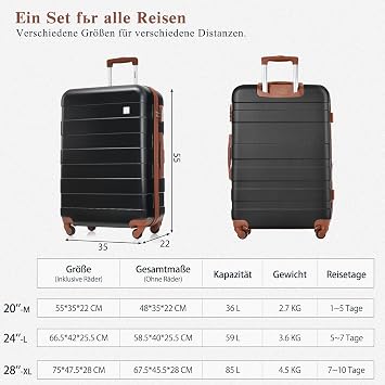 Merax Hard Shell Suitcase Set 3-Piece Hand Luggage Medium Large Lightweight and Sturdy Black