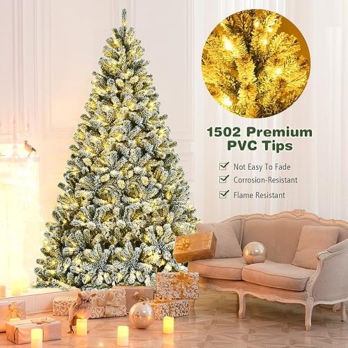 Miniatura 5 de Happygrill Árbol de Navidad artificial flocado de 8 pies con bisagras, árbol de Navidad artificial preiluminado con 1,502 puntas de rama, 650 luces