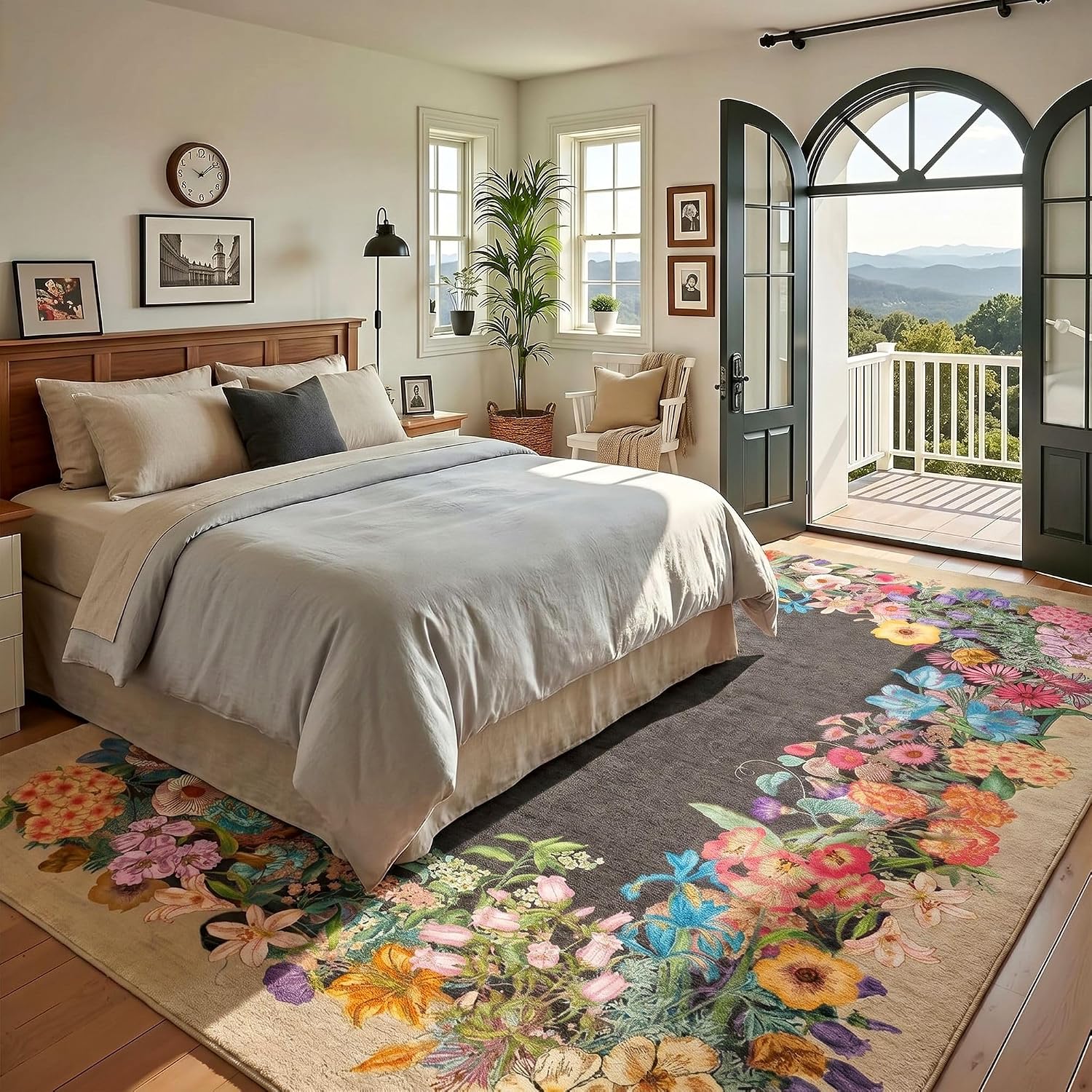 8x10 Floral Area Rug for Living Room Machine Washable Beige Grey Boho Floral Print Carpet Non-Slip Stain Resistant Floor Mat for Bedroom Dining Room Nursery Home Office Decor