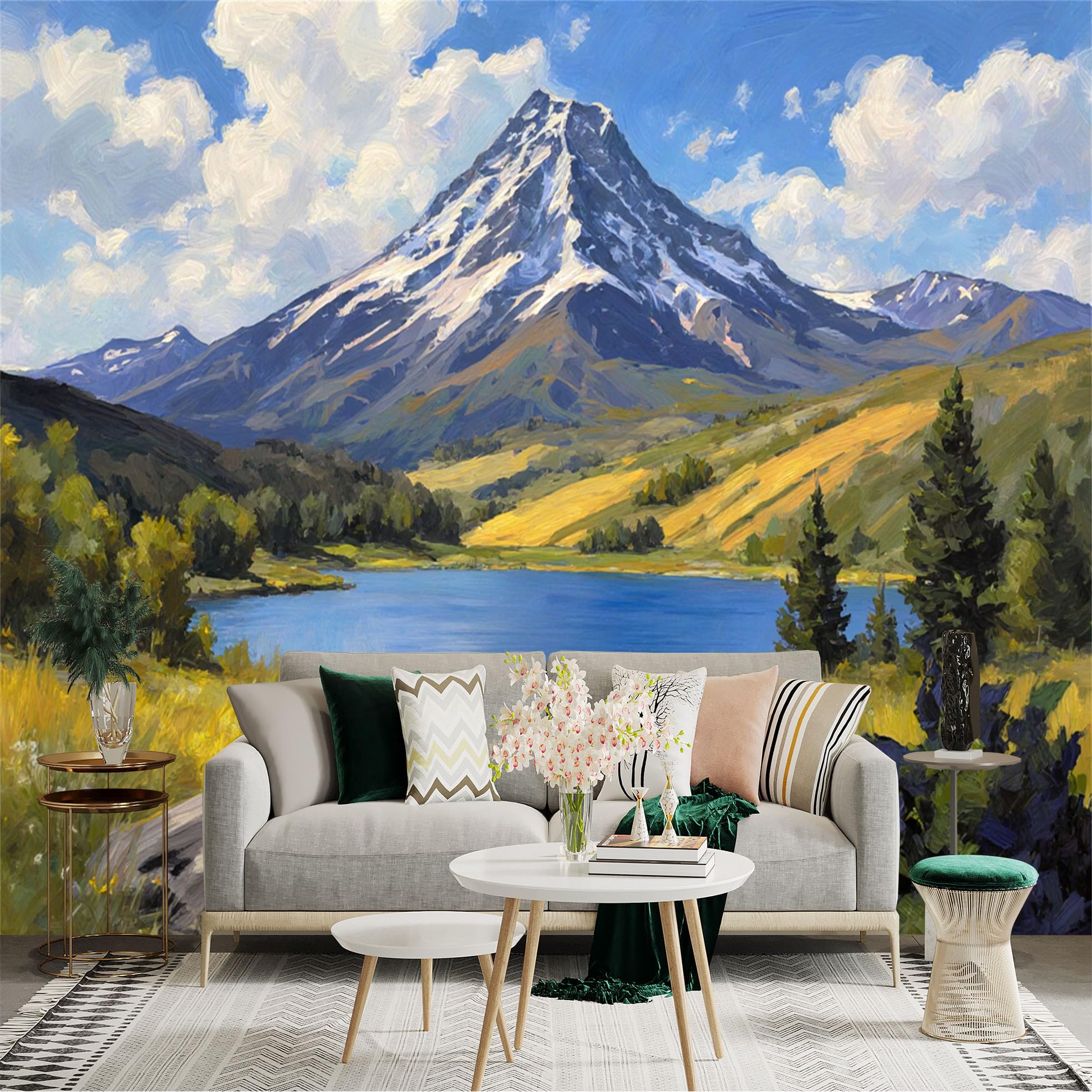 Custom Size Wall Sticker Mural， Snow Capped Peak， Alpine Lake Landscape， Oil Painting Style Scenery， for wall Decoration， peelandstick wall Decals.