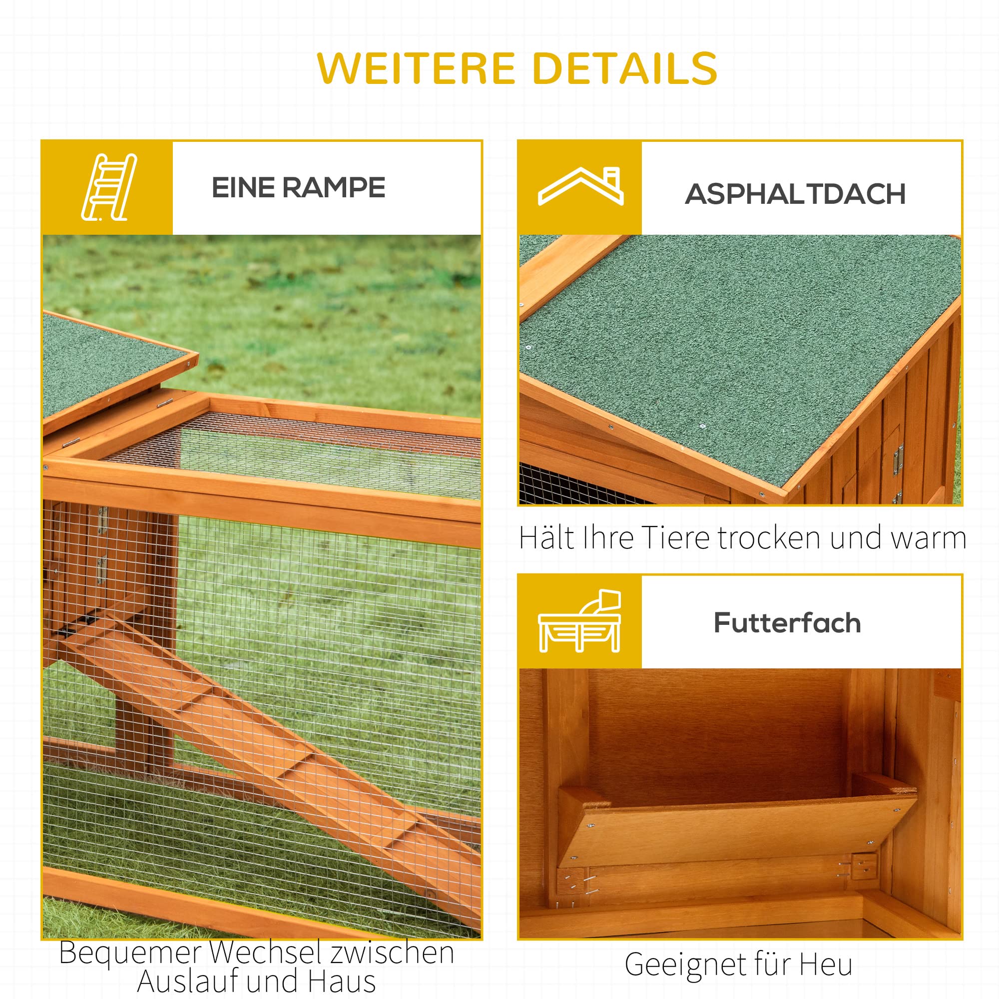 PawHut Hasenstall 2 Ebenen Wetterfest Kaninchenstall aus Holz mit Freilaufgehege Herausnehmbarem Tablett mit aufklappbarem Deckel Sichtfenster 156x58x68 cm Kaninchenkäfig für Indoor Outdoor Orange