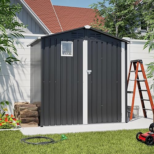 Outdoor Storage Shed Waterproof Metal Garden Tool Bike Sheds Kit, Lean to Shed Backyard Storage Building Cabinet House for Patio Lawn Equipment,6x4 ft Grey No Floor Frame