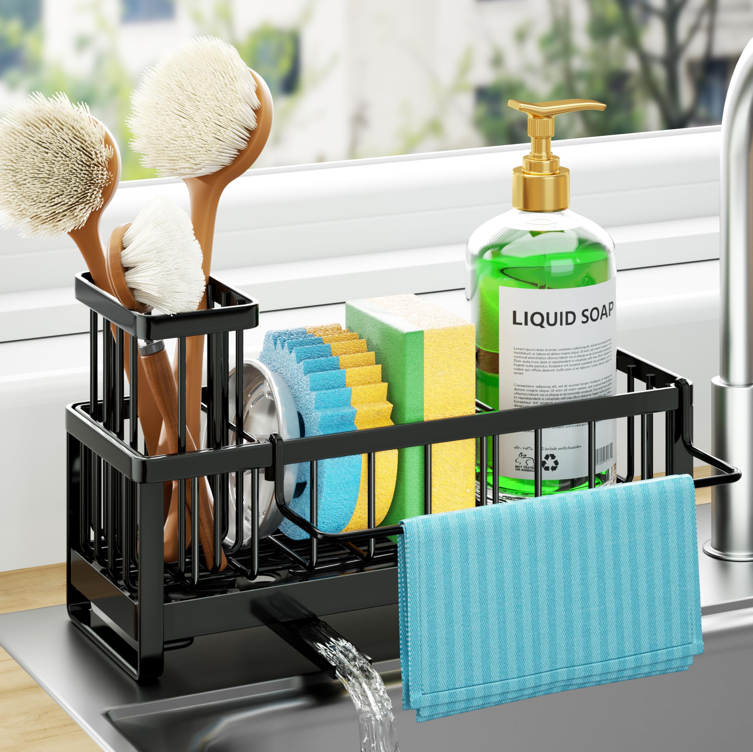 HapiRm Spülbecken Organizer Küchen Schwammhalter - Selbstentleerender Spüle Organizer mit Bürstenhalter und Geschirrtuchhalter, Edelstahl Spülmittel Organizer für die küche aufbewahrung & organisation