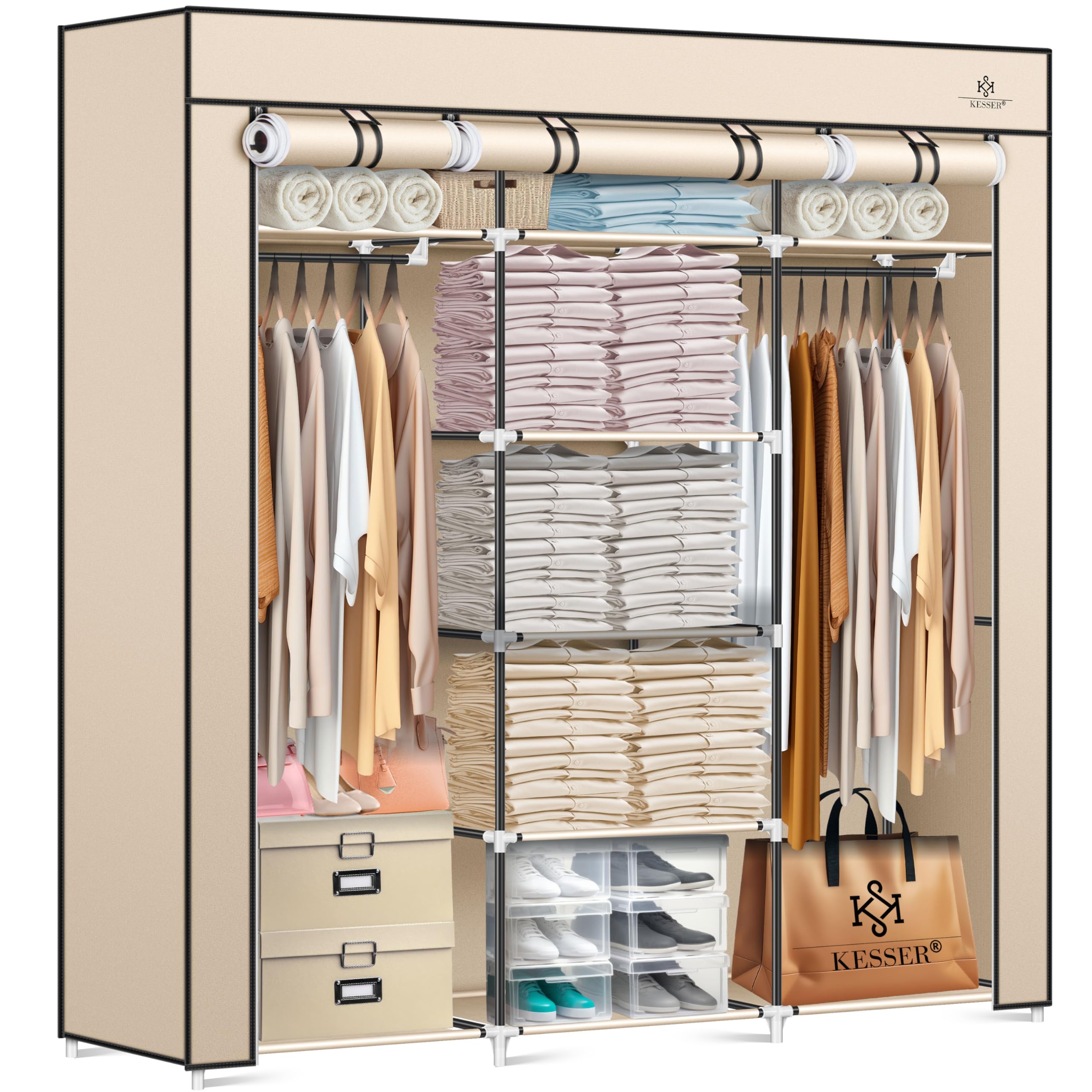 KESSER® Armario, Armario de Tela, Robusto con Barra de Colgar y estantes, Incl. 5 Perchas, Armario con Perchero, 150x45x175cm, Beige