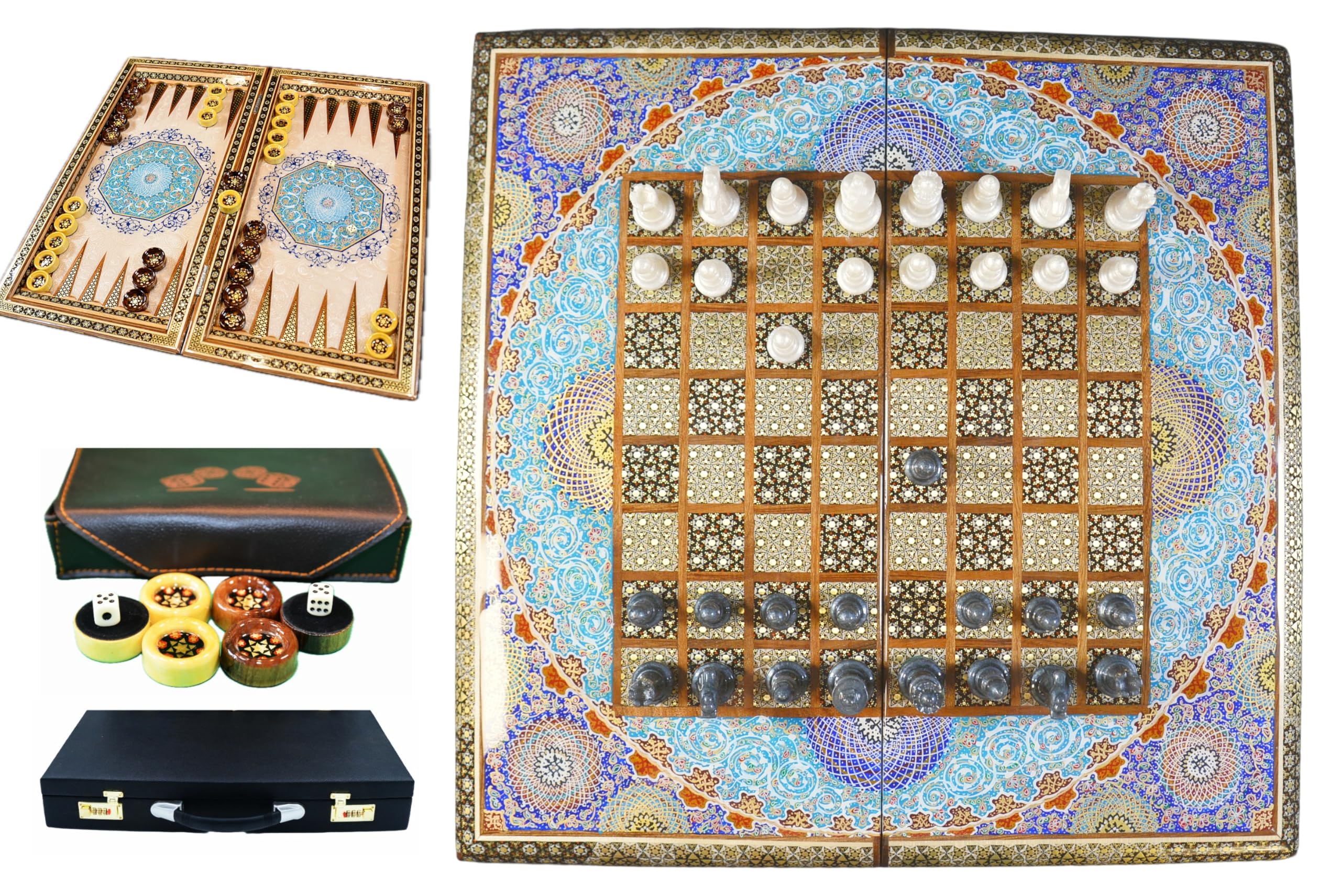 Collection d'échecs de backgammon - Fabriqué à la main en bois avec motif marqueterie et peint à la main avec motif floral - Avec mallette de protection, dés et pions - 50 x 50 x 3,5 cm (motif floral