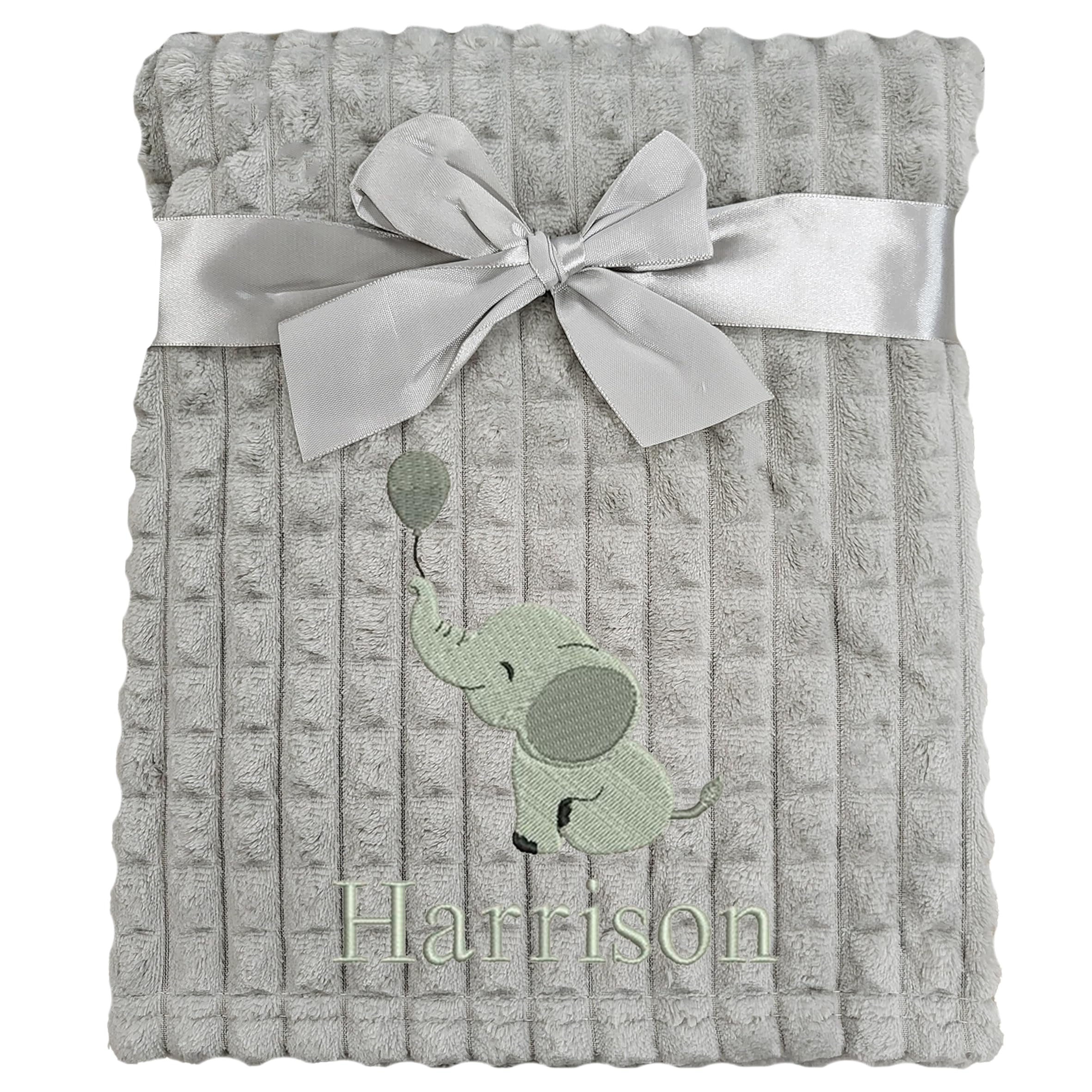 Personalised Baby Blanket Embroidered Elephant & Name Soft Fleece Wrap (Grey Elephant Grey Squares)