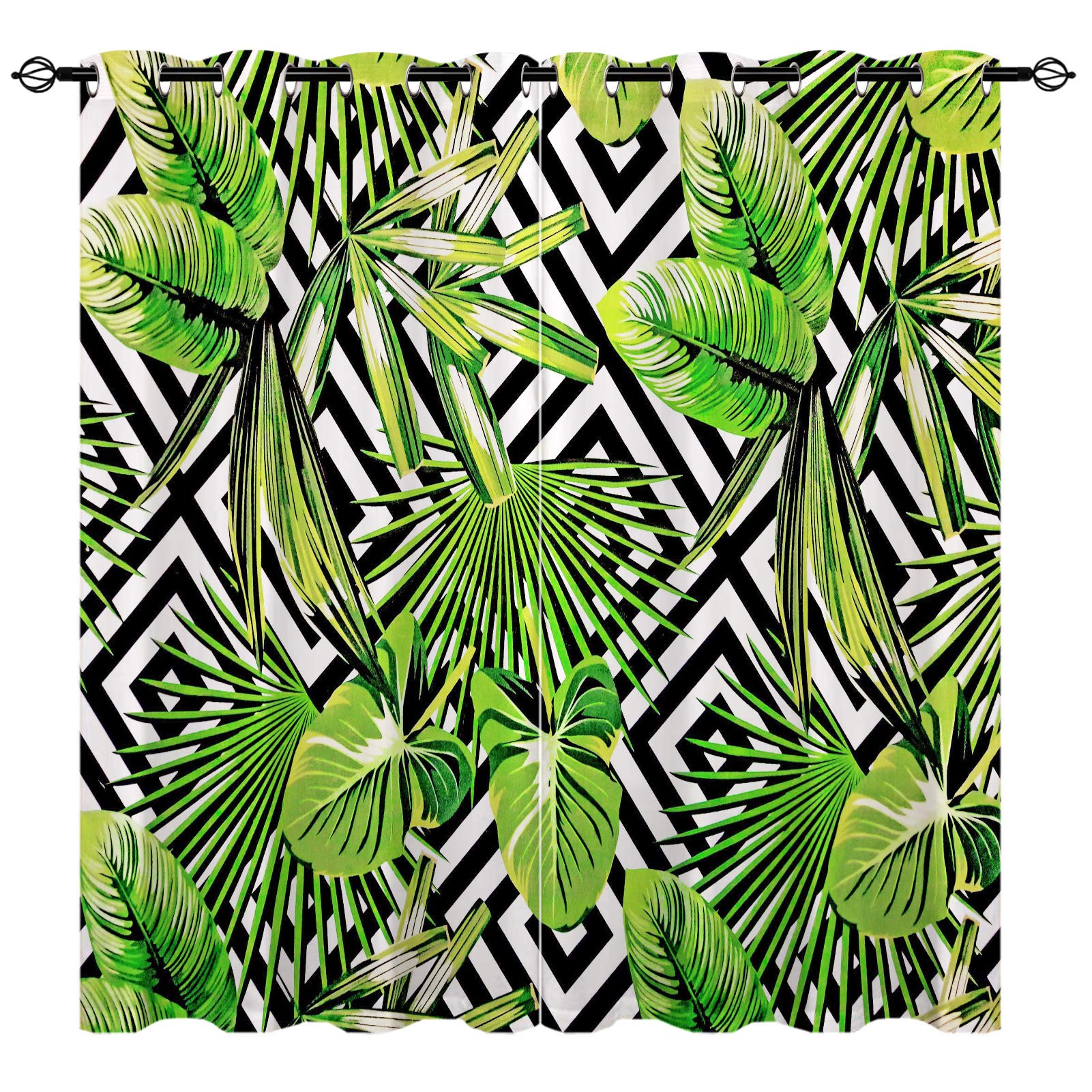 YUANZU Banana Leaf Curtains, Tropical Black White Geometric Lattice 3D Patterns Microfiber Blackout Fabric Eyelet Window Drapes for Living Room Bedroom Set of 2 Panels W229cm (90") x D229cm (90") โ image 1