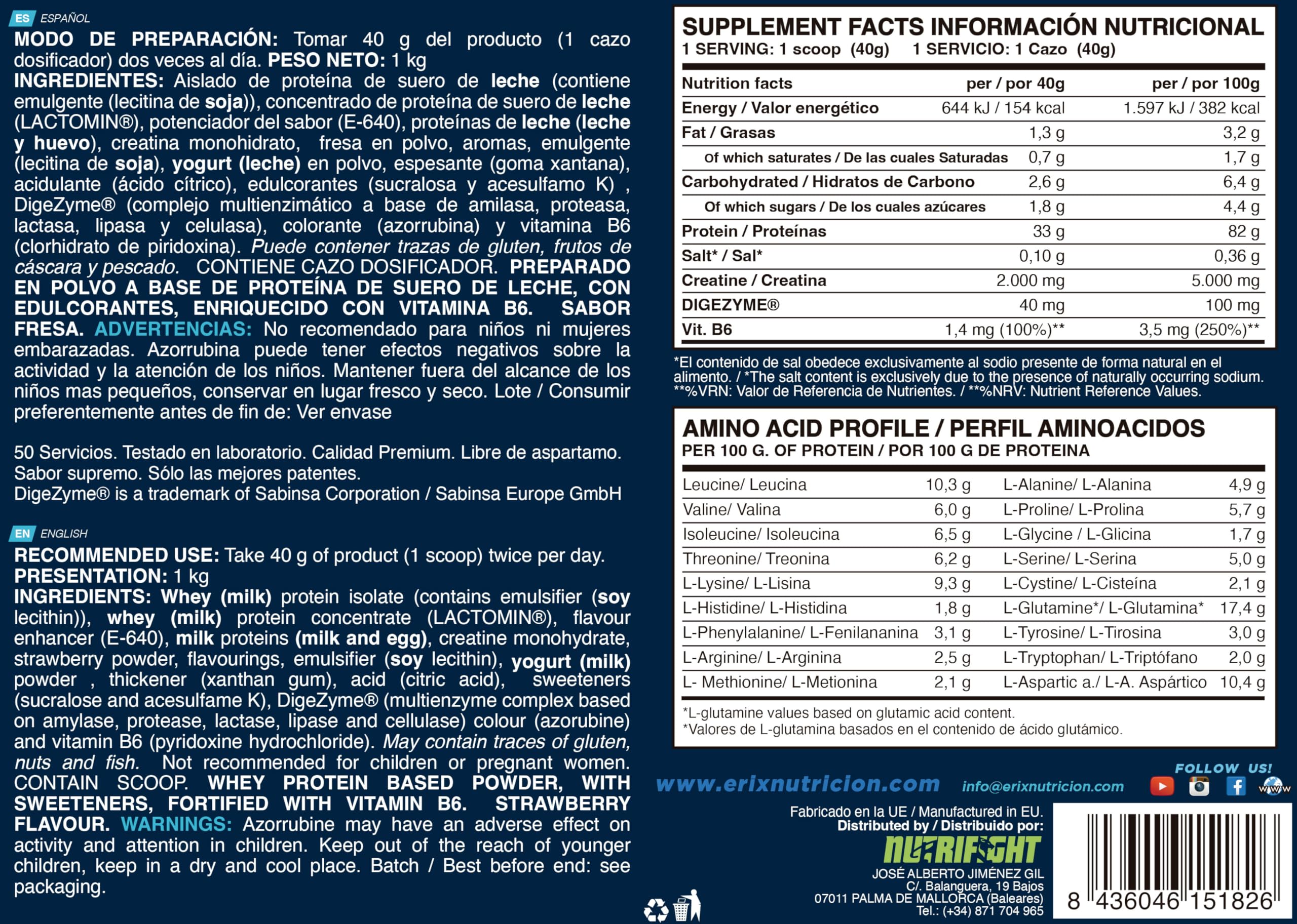 ERIX Nutrición Pack ISO Advanced Plus 1kg+ Creatina Monohidrato 500g+ Shaker Blanco, Proteína Aislada Isolate para Recuperación y Crecimiento Muscular, Musculación (Fresa)
