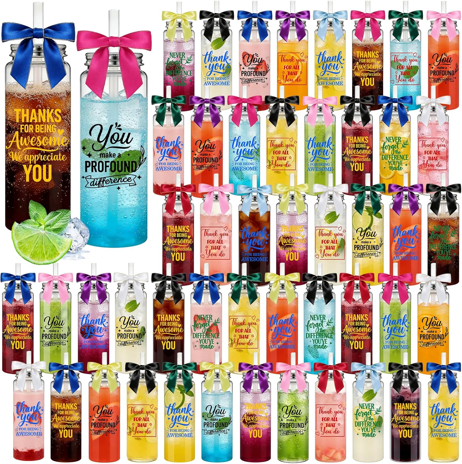50 Pack 17oz Employee Appreciation Acrylic Tumblers with Lids, Straws & Satin Bows, Colorful Fun Motivational Designs, Thank You Gifts for Staff, Coworkers, Office Events & Team Building(Team)