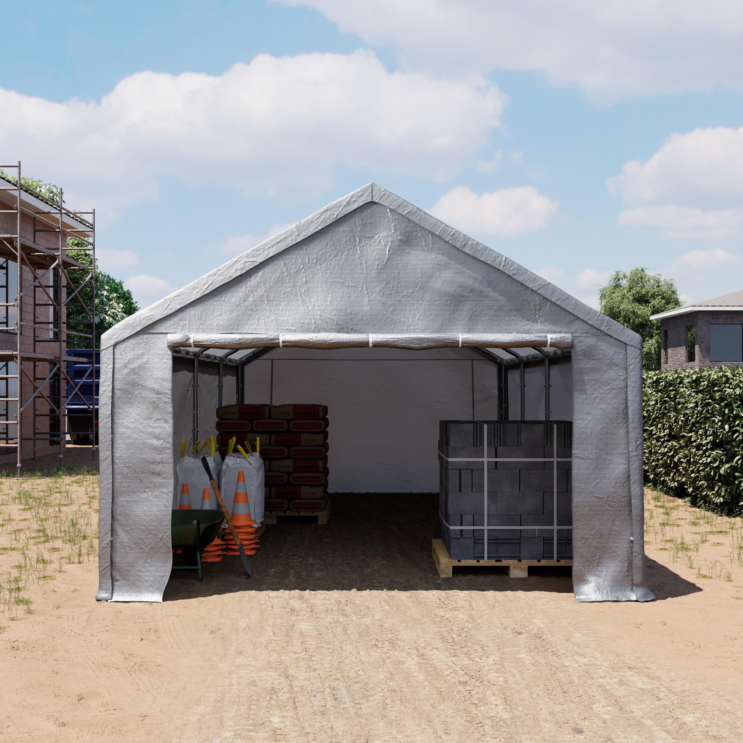TOOLPORT Lagerzelt 4x8 m Zelthalle Unterstand Zeltgarage PE Plane 350 N wasserdicht in grau