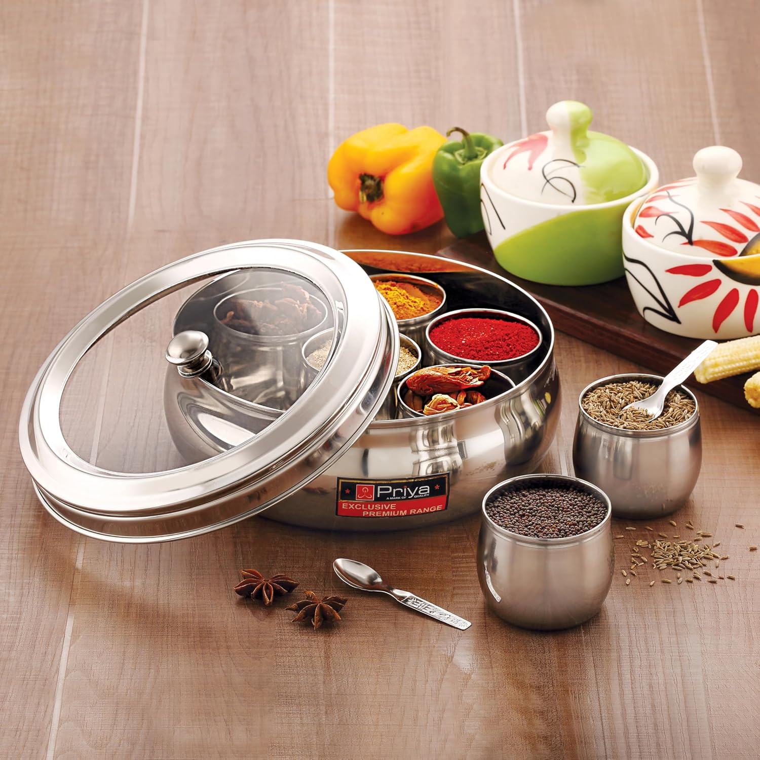 Priya Stainless Steel Spice Box Indian Masala Dabba With 7 Spice Containers, Spoon And Single See Through Lid-Medium Stadnard