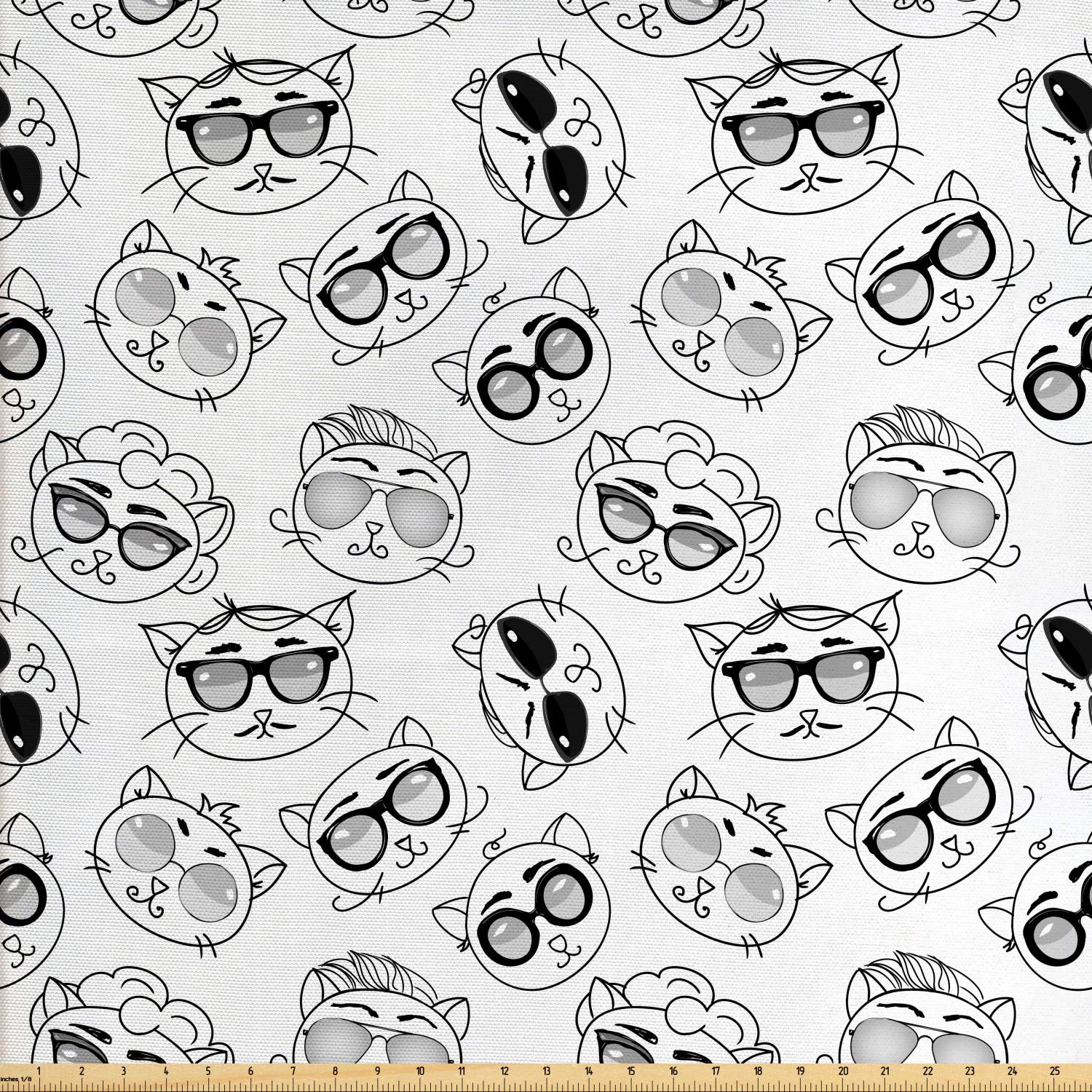 Ambesonne Cat Fabric by The Yard, Cartoon Kittens with Glasses Sketch Print on Plain Background, Decorative Fabric for Upholstery and Home Accents, 1 Yard, Black White
