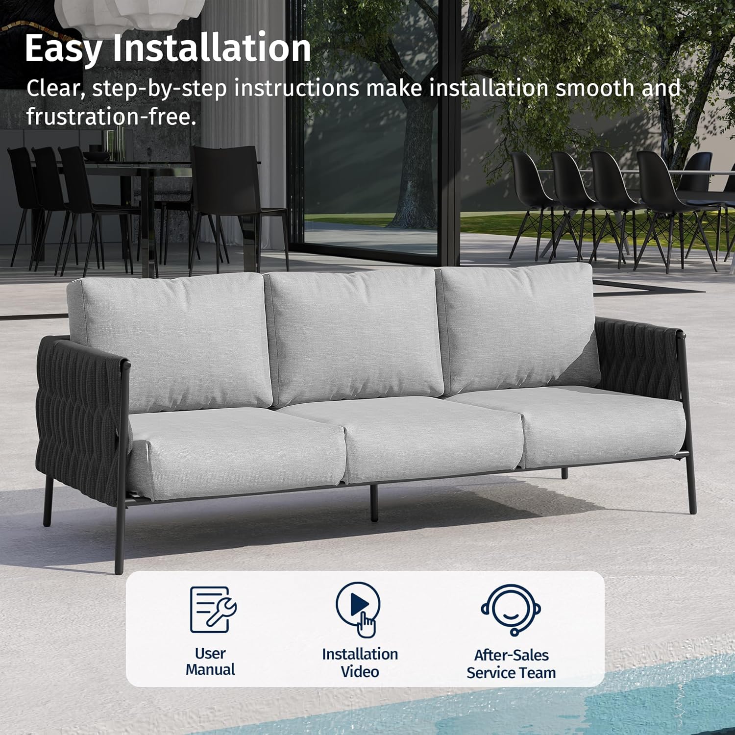 East Oak Life Chatter Outdoor Patio Furniture | Outdoor Sofa 3 Seats with Waterproof Thick Cushions | Deep Seating Modern Patio Sofa for Garden, Porch, Balcony & Backyard | Misty Grey