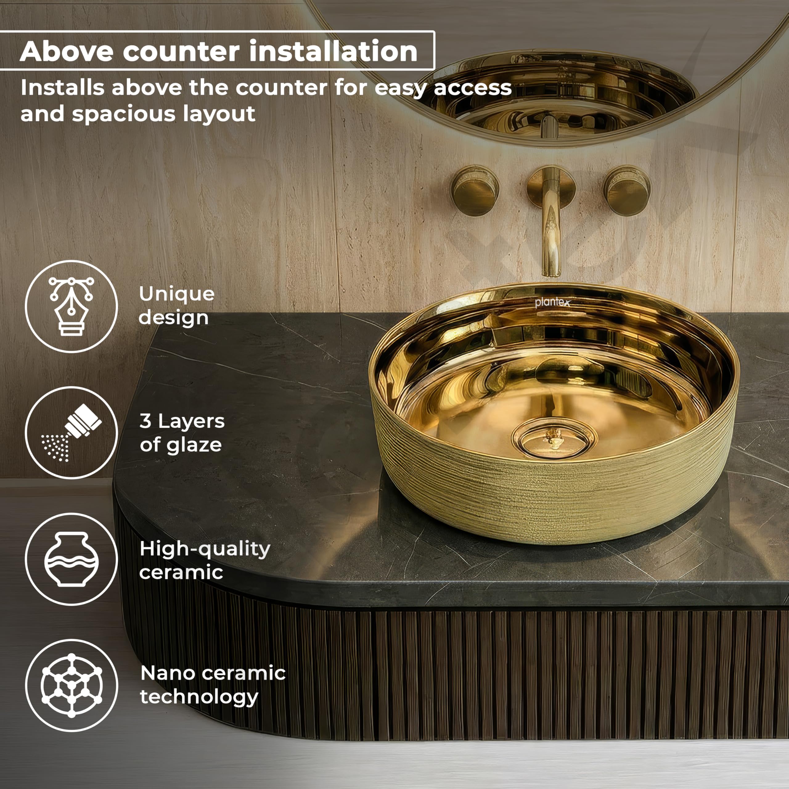Plantex Ceramic Washbasin/Tabletop Wash Basin/Countertop Vessel Sink for Bathroom/Livingroom Decor - Indo-European Collection (Gold -14.4 x 14.4 x 5 Inch)