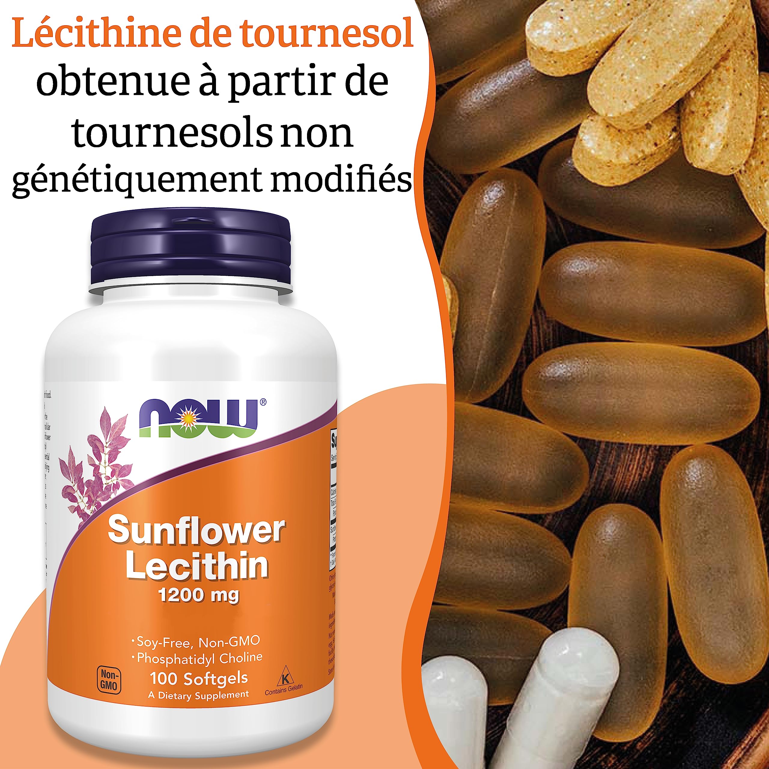 Now Foods, Sunflower Lecithin (Lécithine de Tournesol), 1.200mg, Hautement Dosée, 100 Capsules molles, Testée en Laboratoire, Sans Soja, Sans Gluten, Sans OGM