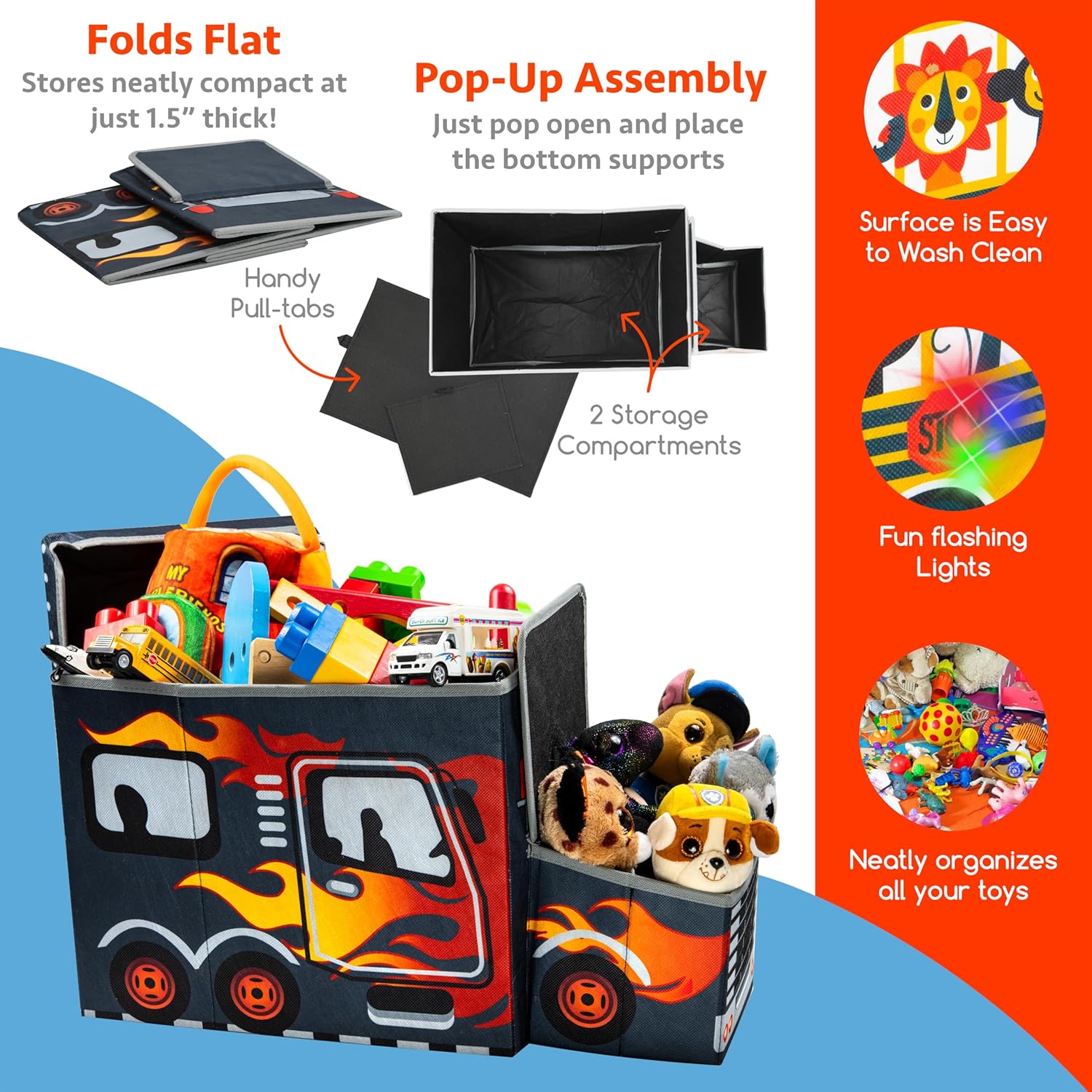 KAP Toy box for boys, Junior size, interactive Light up LED Toy chest, Children's Decorative Racing Truck Storage Bin, Toy Storage, Foldable Storage/Toy Box, Pop up Organizer, (Racing Collection)